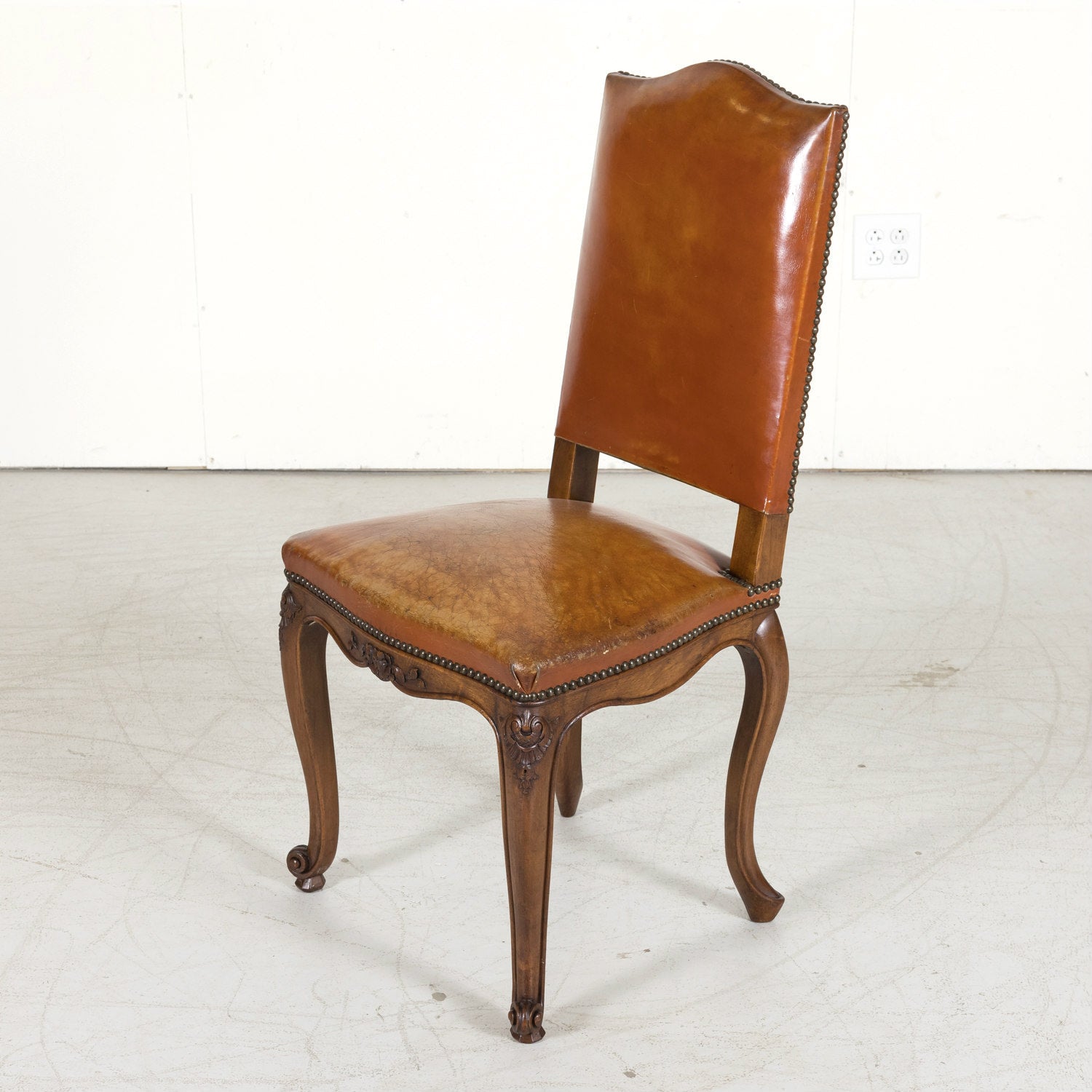 Set of 8 Early 20th Century French Louis XV Style Walnut and Leather Dining Side Chairs