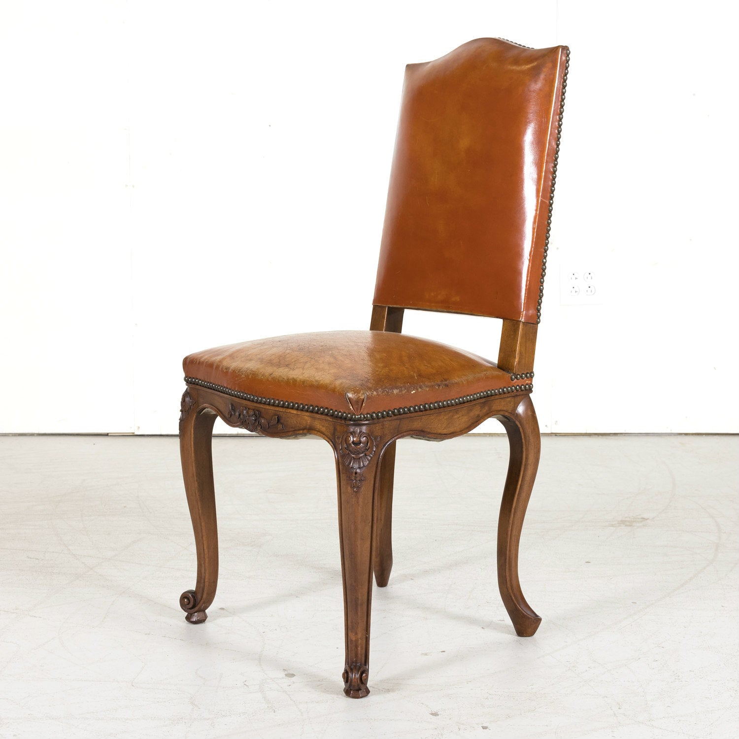 Set of 8 Early 20th Century French Louis XV Style Walnut and Leather Dining Side Chairs