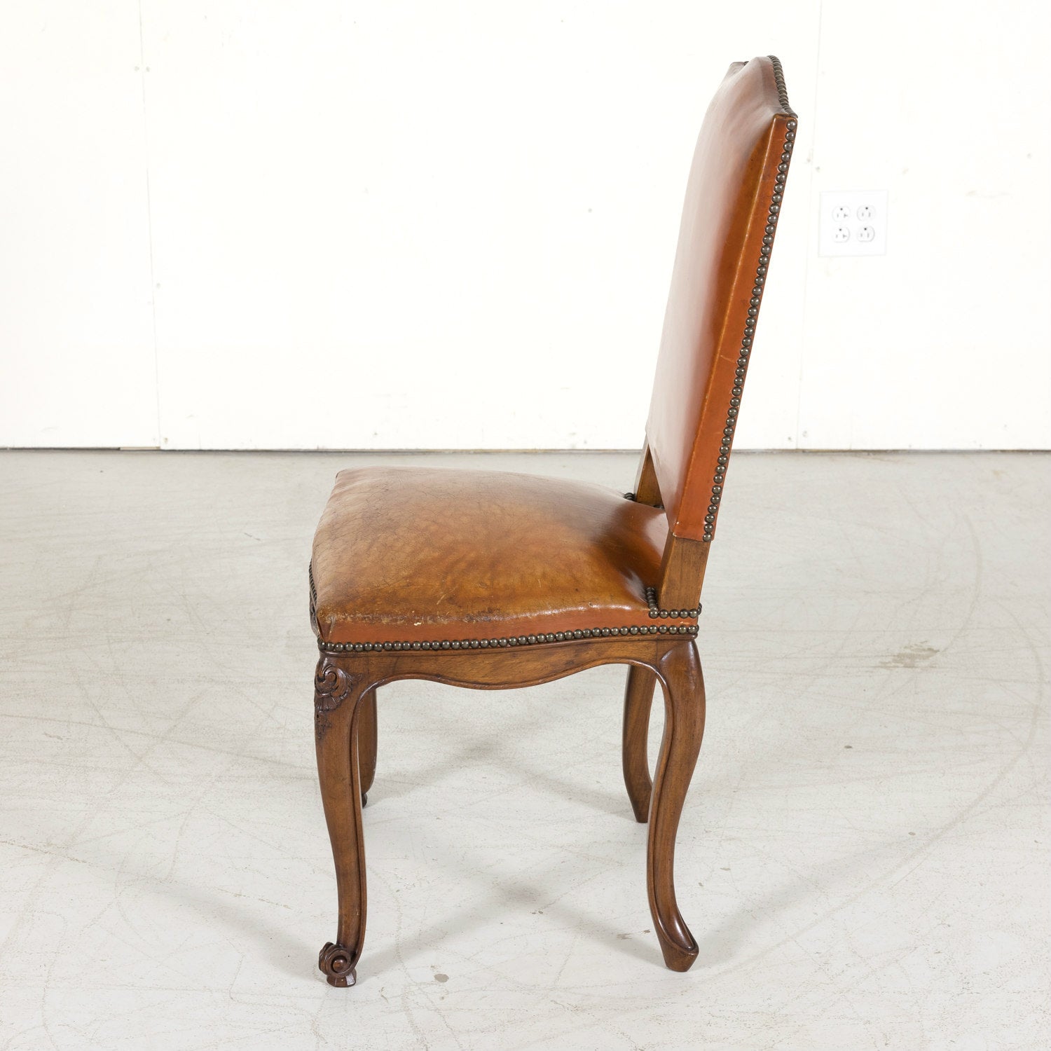 Set of 8 Early 20th Century French Louis XV Style Walnut and Leather Dining Side Chairs