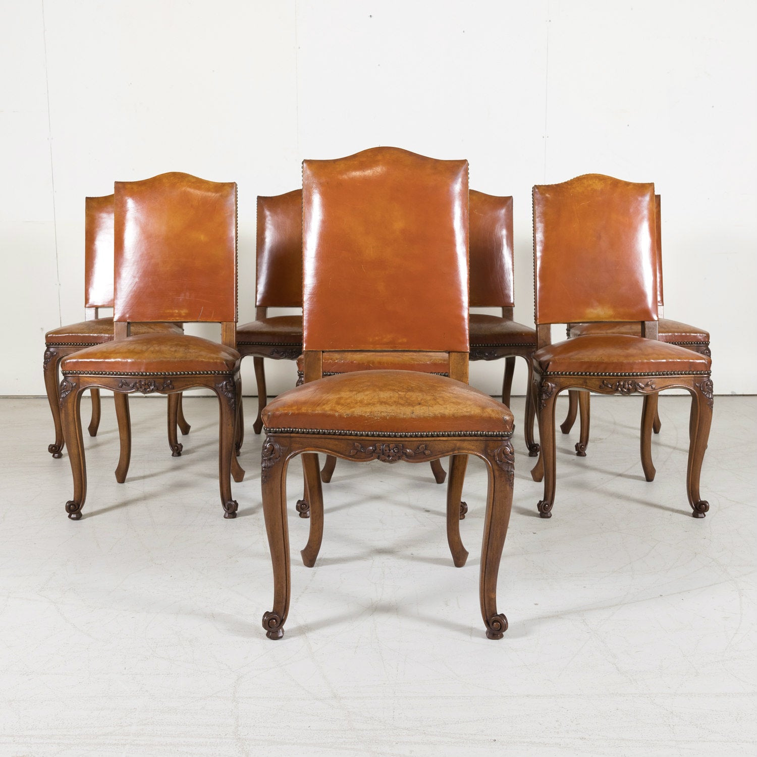 Set of 8 Early 20th Century French Louis XV Style Walnut and Leather Dining Side Chairs