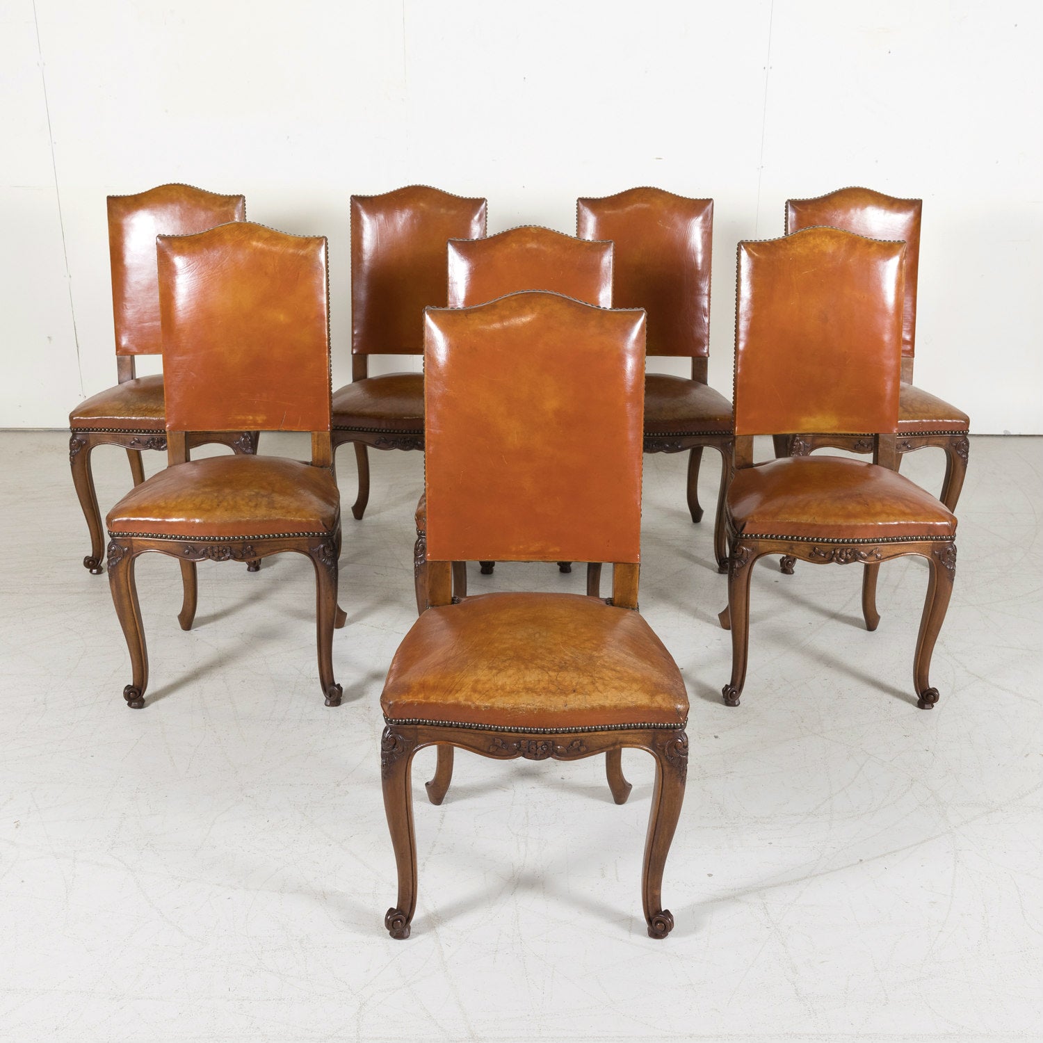 Set of 8 Early 20th Century French Louis XV Style Walnut and Leather Dining Side Chairs