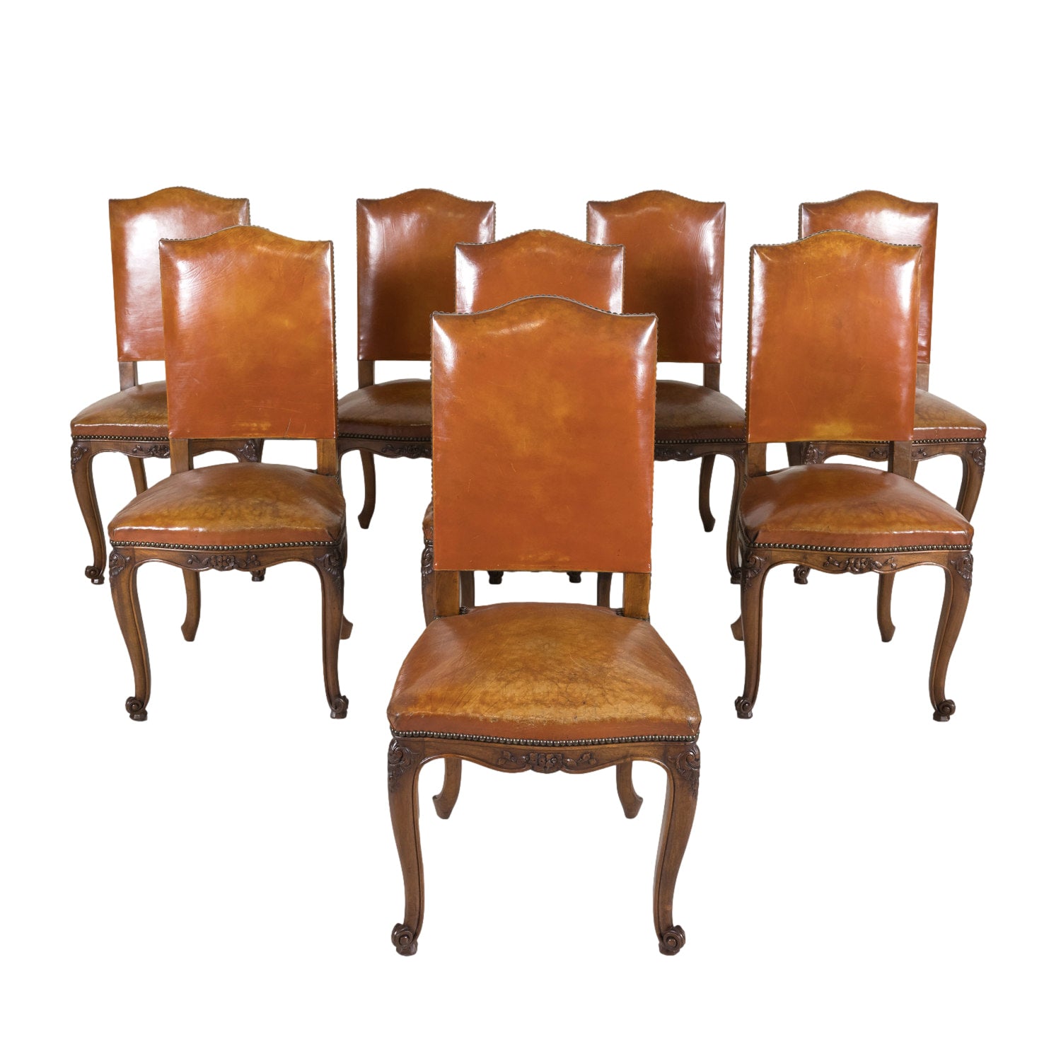 Set of 8 Early 20th Century French Louis XV Style Walnut and Leather Dining Side Chairs