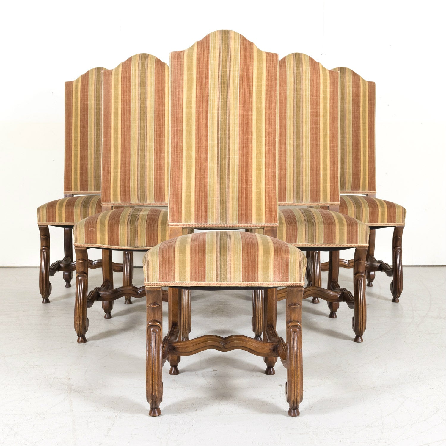 Set of Six Louis XIV Style Carved Walnut High Back Dining Side Chairs