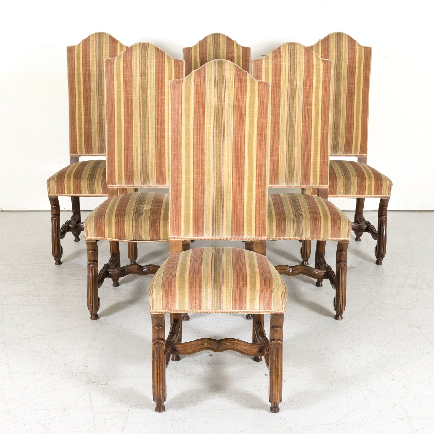 Set of Six Louis XIV Style Carved Walnut High Back Dining Side Chairs