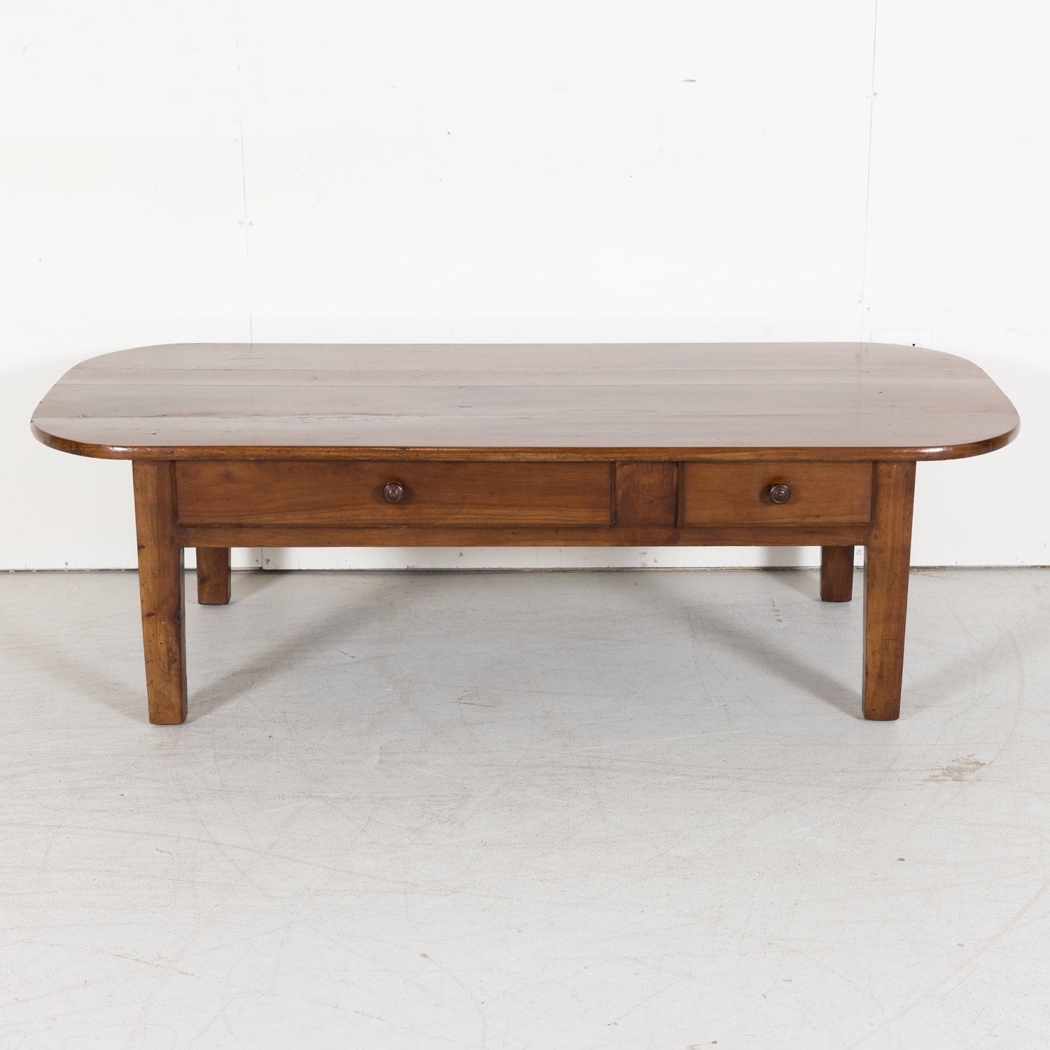French Solid Cherry Wood Coffee Table with Two Drawers from Brittany, France Circa 1880s