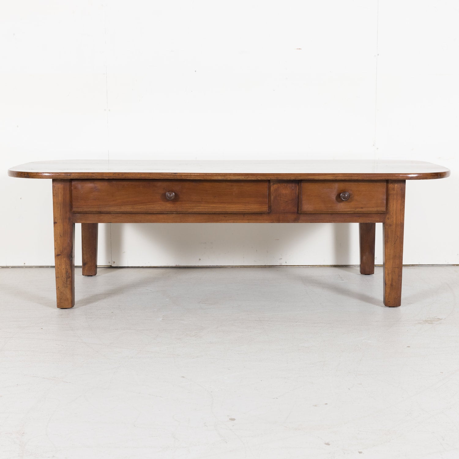 French Solid Cherry Wood Coffee Table with Two Drawers from Brittany, France Circa 1880s