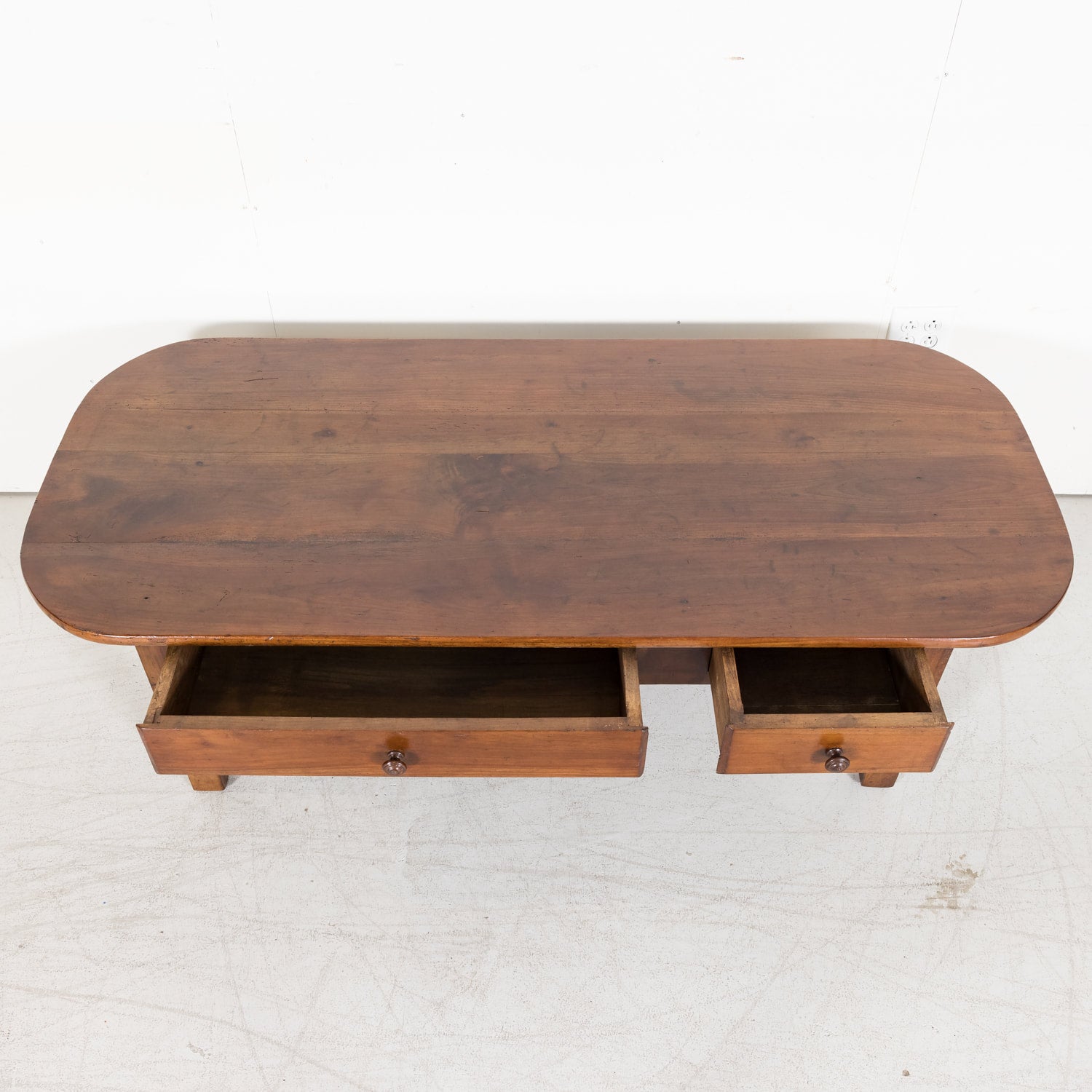 French Solid Cherry Wood Coffee Table with Two Drawers from Brittany, France Circa 1880s