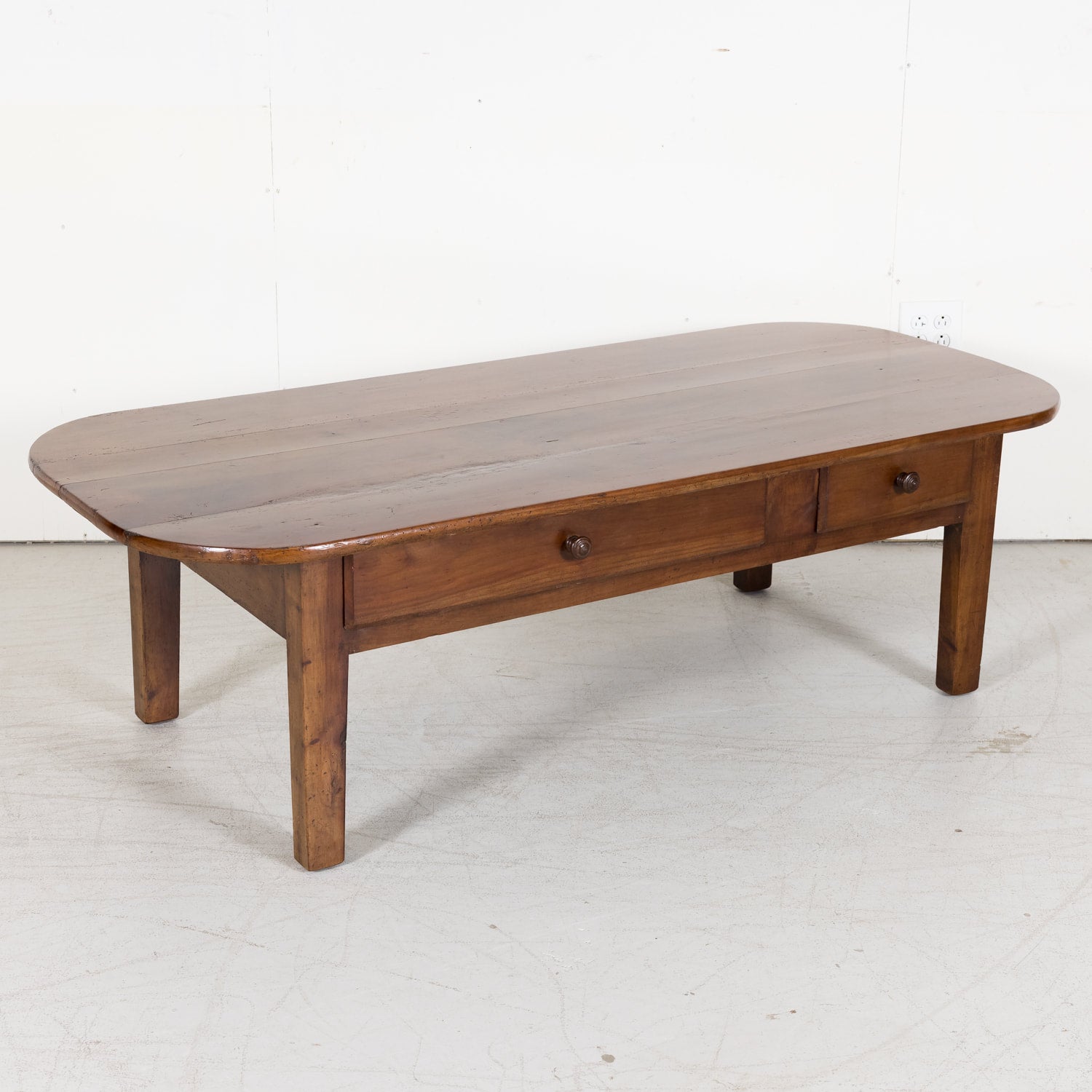 French Solid Cherry Wood Coffee Table with Two Drawers from Brittany, France Circa 1880s