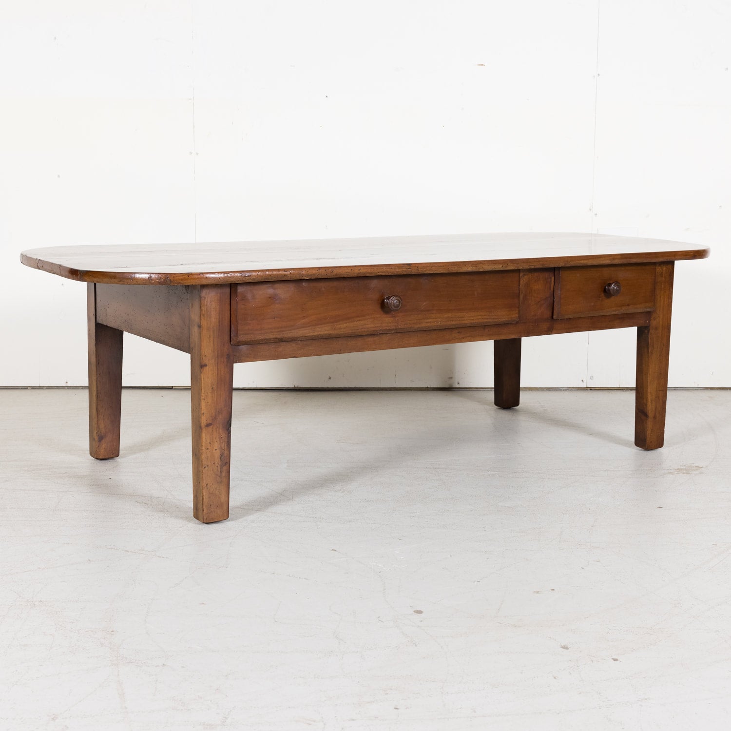 French Solid Cherry Wood Coffee Table with Two Drawers from Brittany, France Circa 1880s