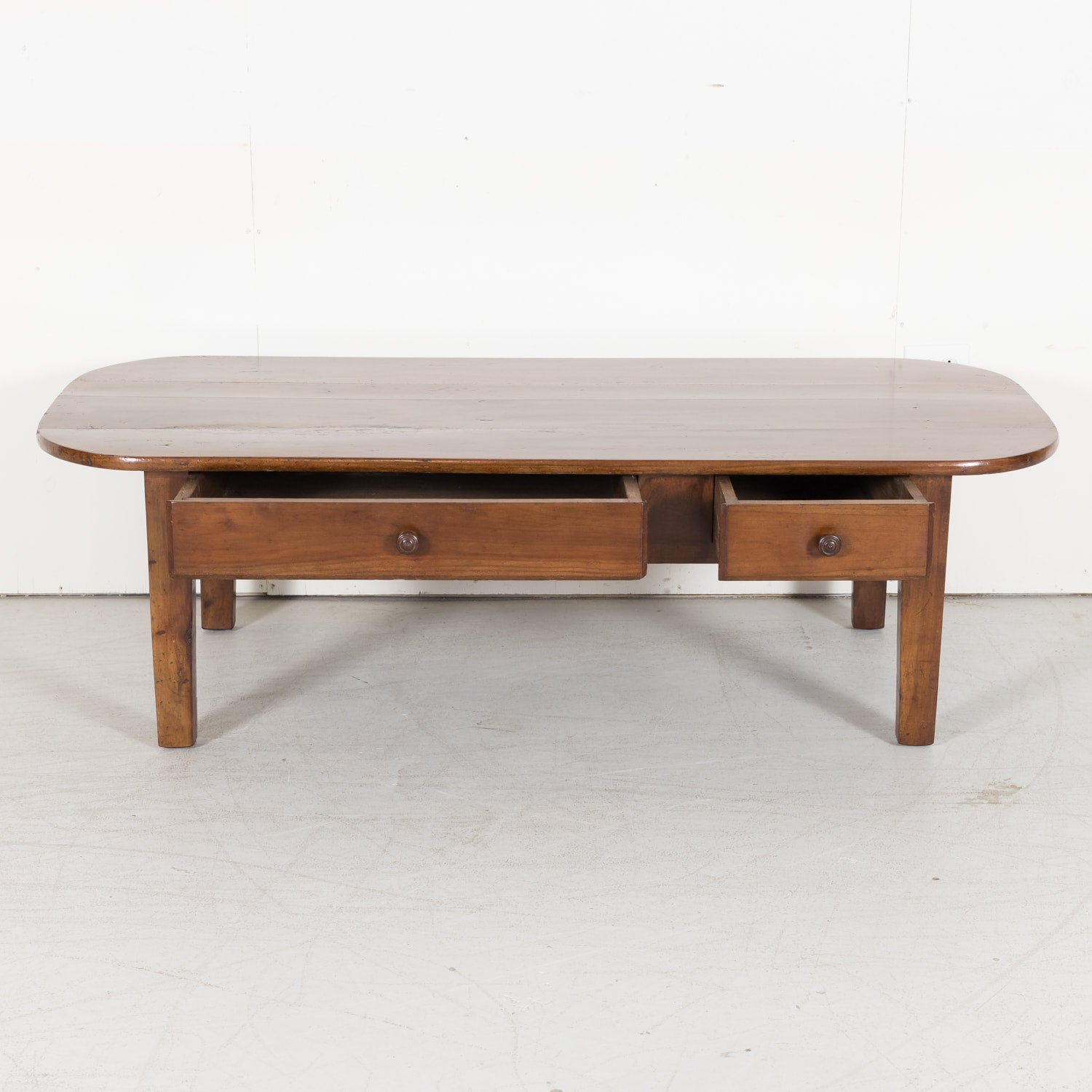 French Solid Cherry Wood Coffee Table with Two Drawers from Brittany, France Circa 1880s
