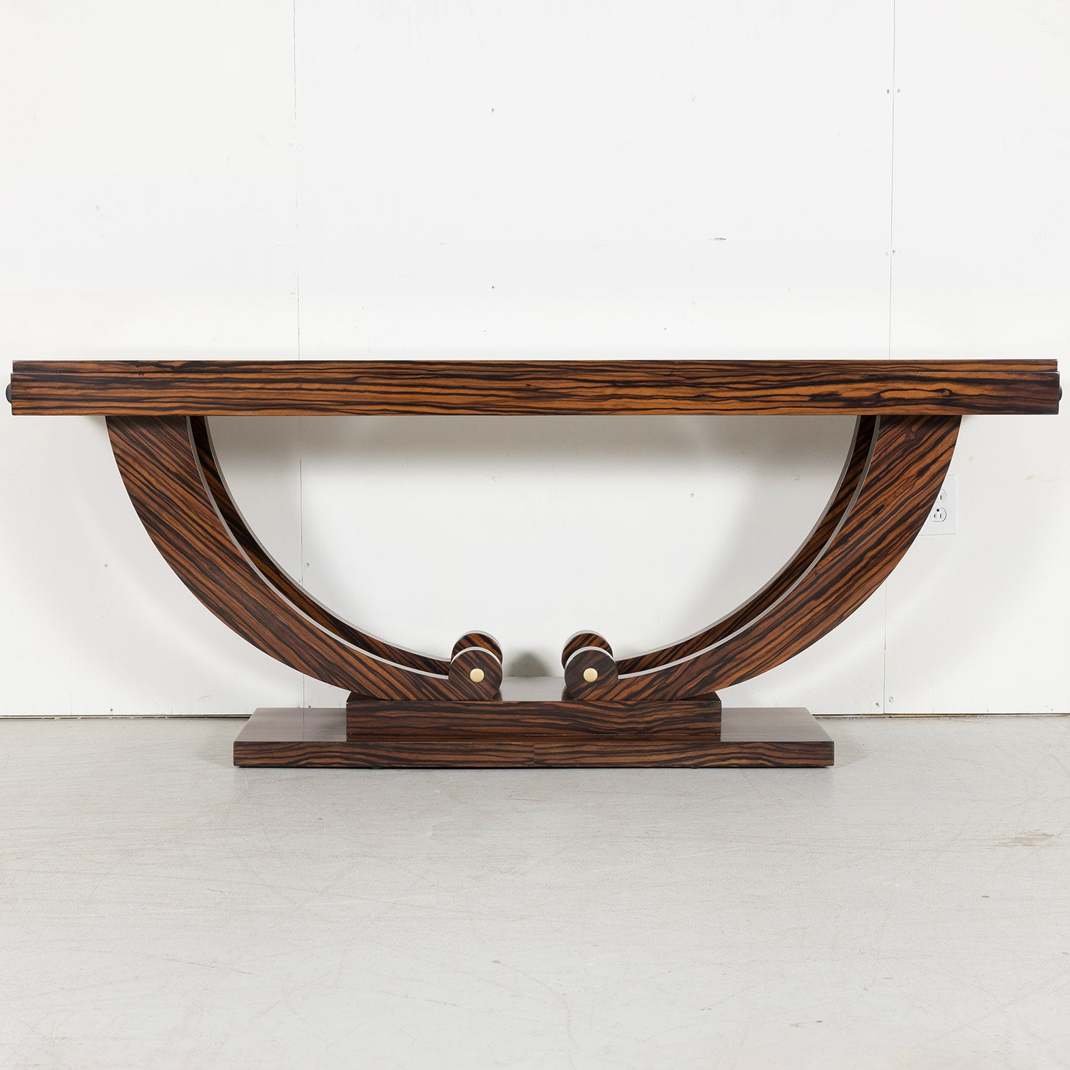 French Art Deco Period Ebony Macassar Veneer Wall Console with Brass Fittings