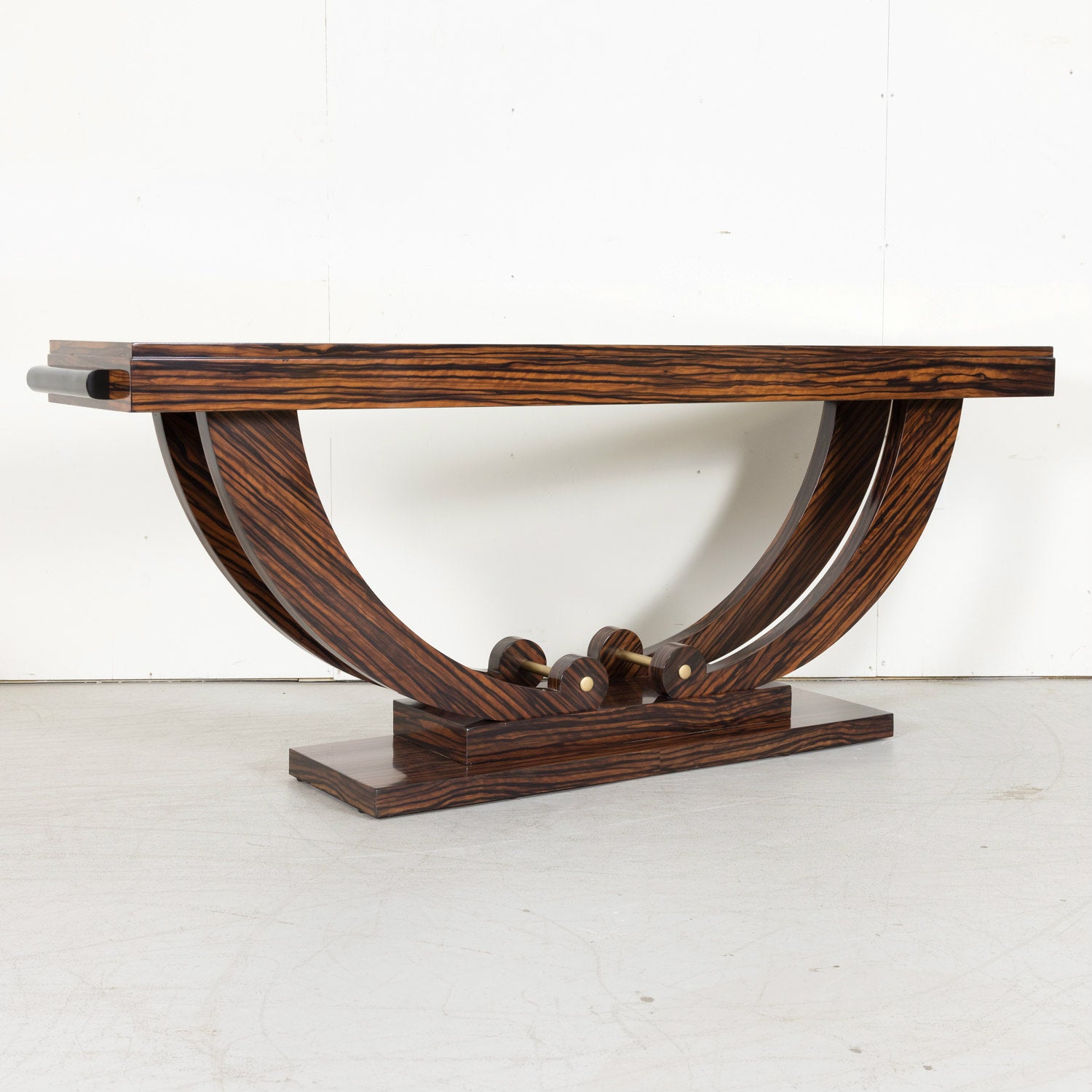 French Art Deco Period Ebony Macassar Veneer Wall Console with Brass Fittings