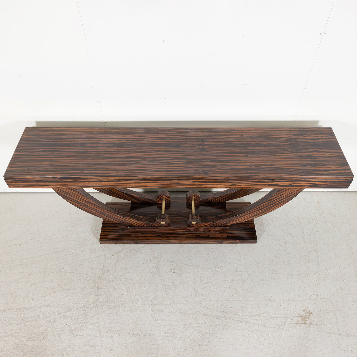 French Art Deco Period Ebony Macassar Veneer Wall Console with Brass Fittings