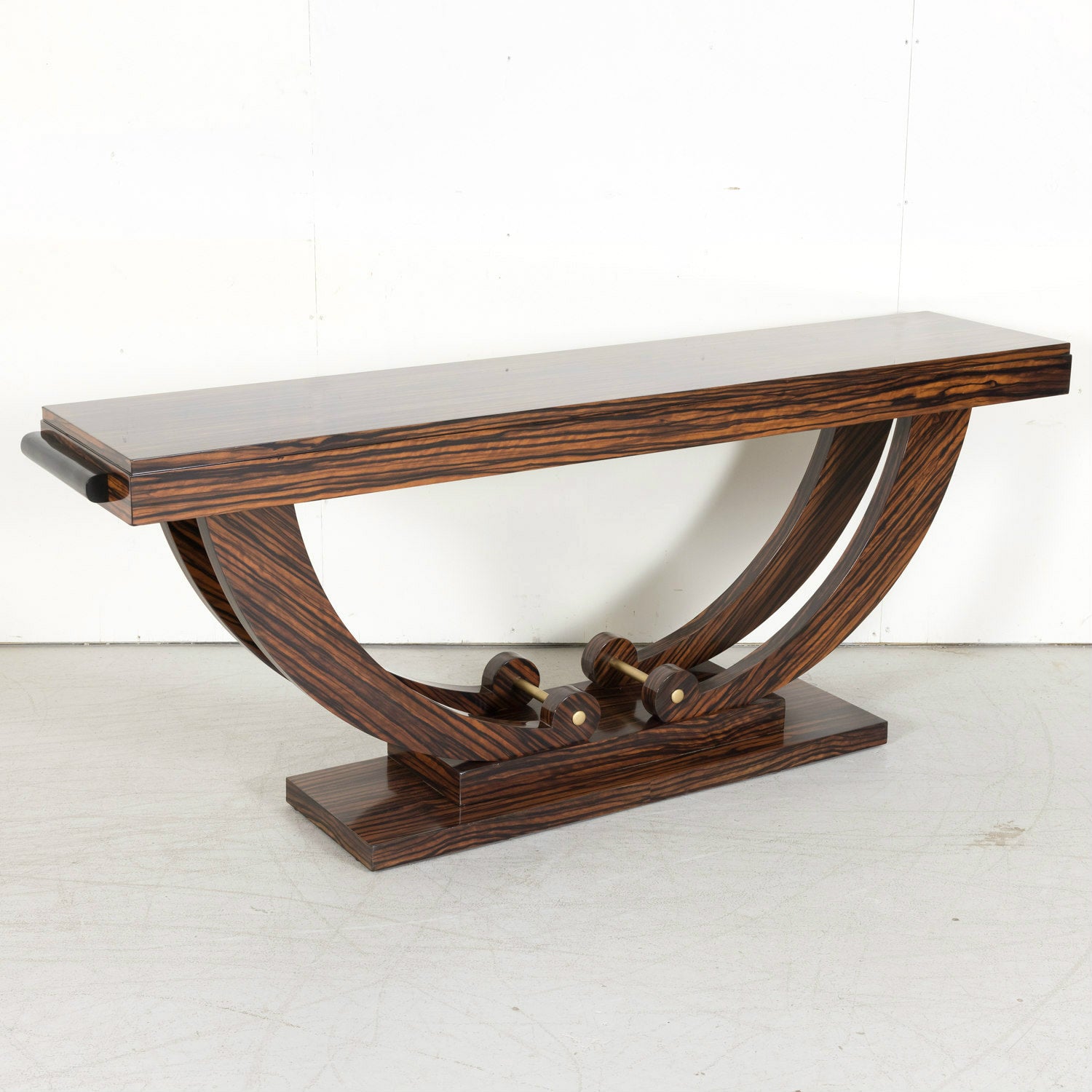 French Art Deco Period Ebony Macassar Veneer Wall Console with Brass Fittings