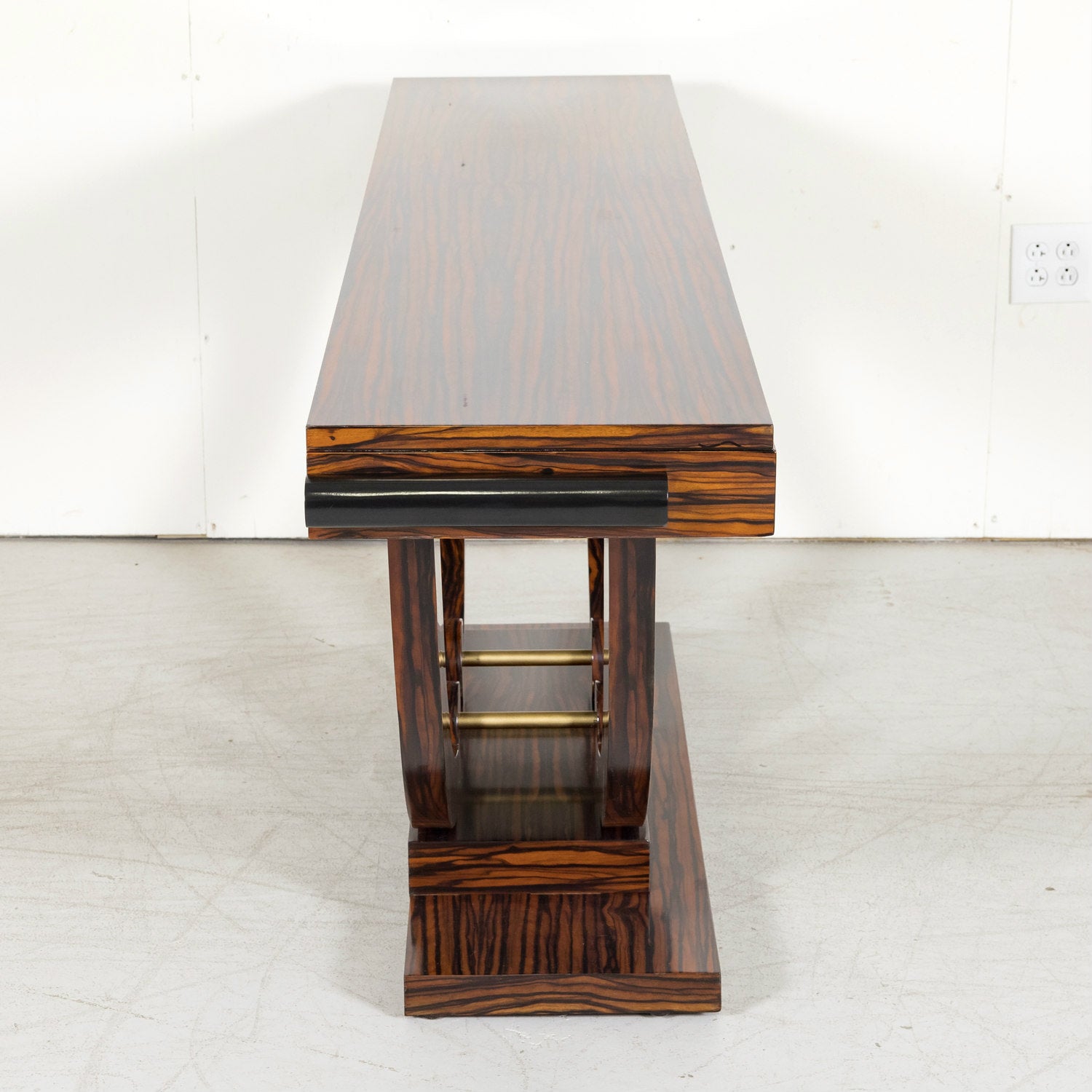 French Art Deco Period Ebony Macassar Veneer Wall Console with Brass Fittings