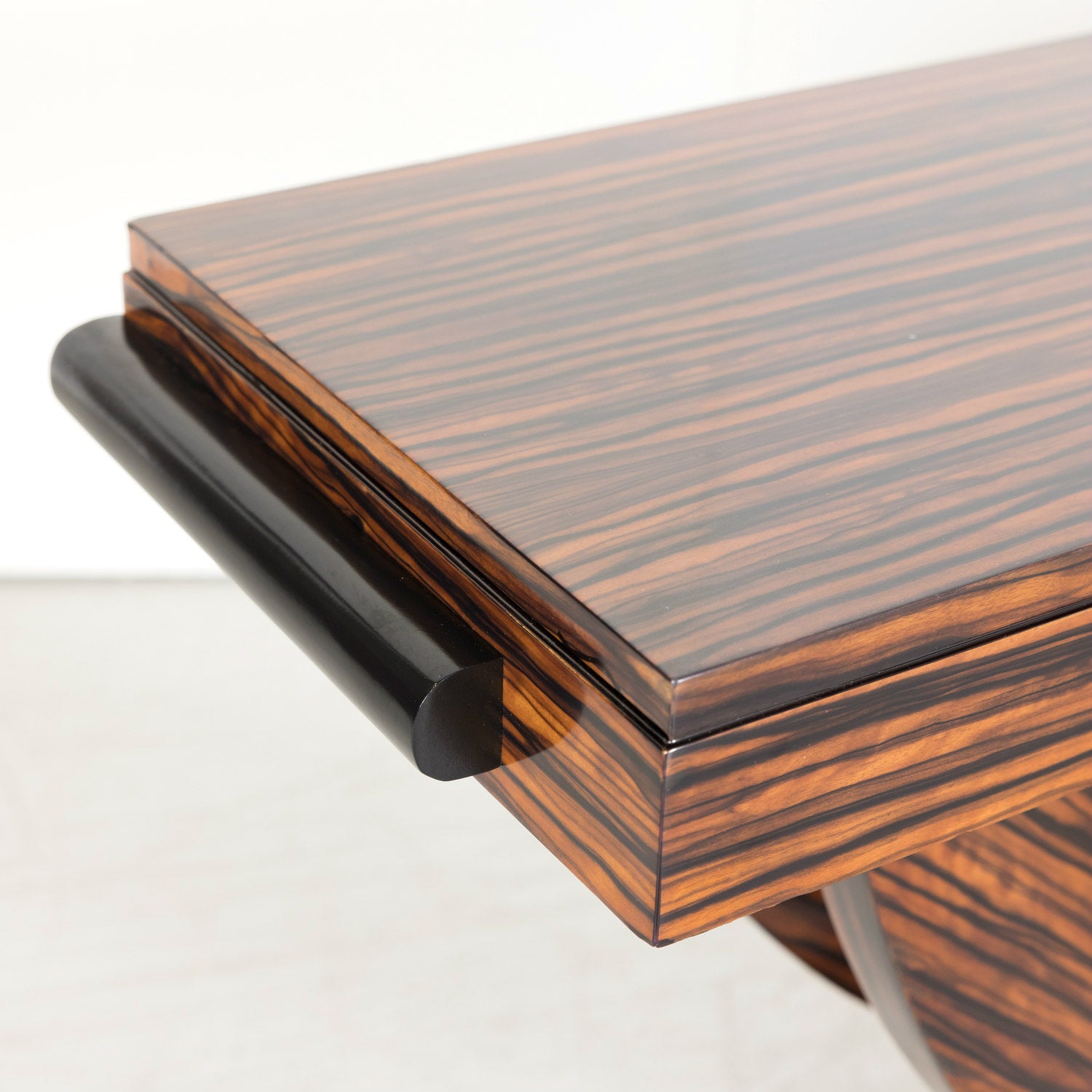 French Art Deco Period Ebony Macassar Veneer Wall Console with Brass Fittings