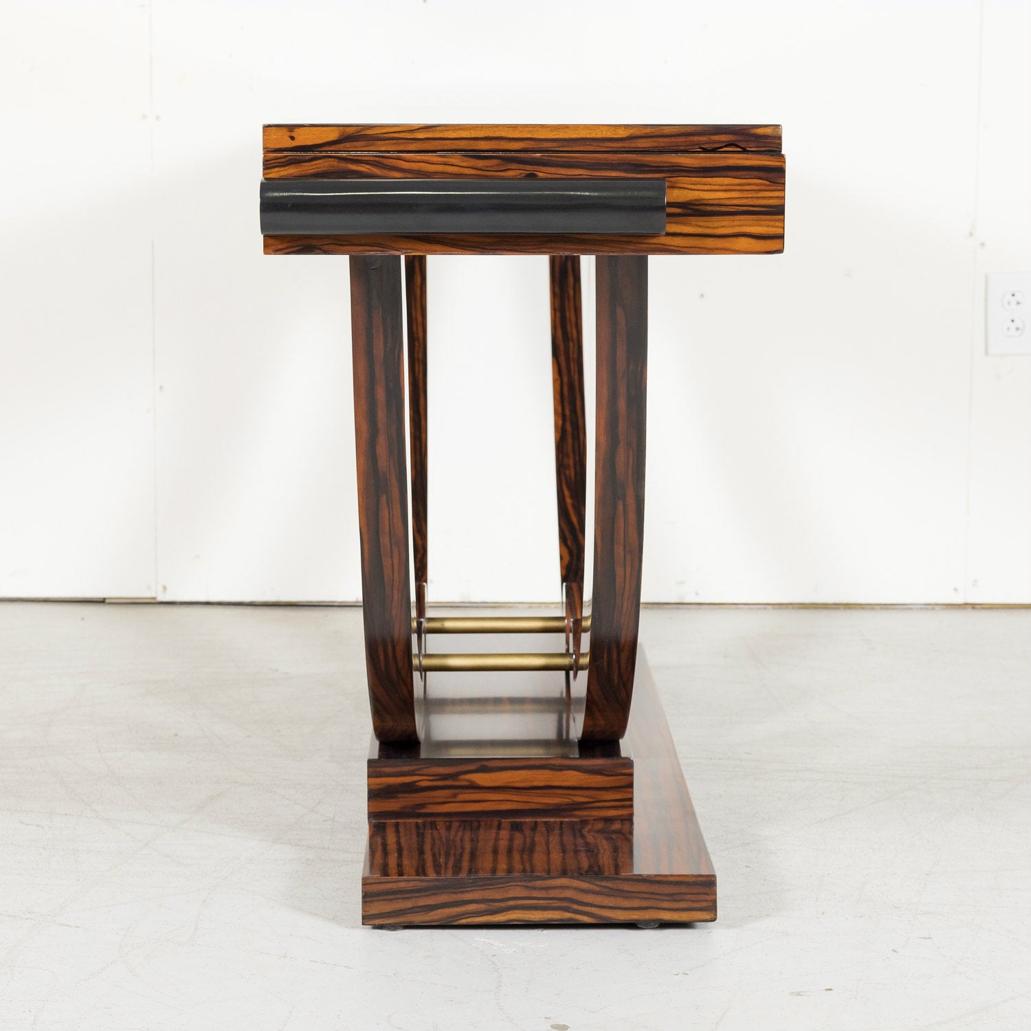French Art Deco Period Ebony Macassar Veneer Wall Console with Brass Fittings