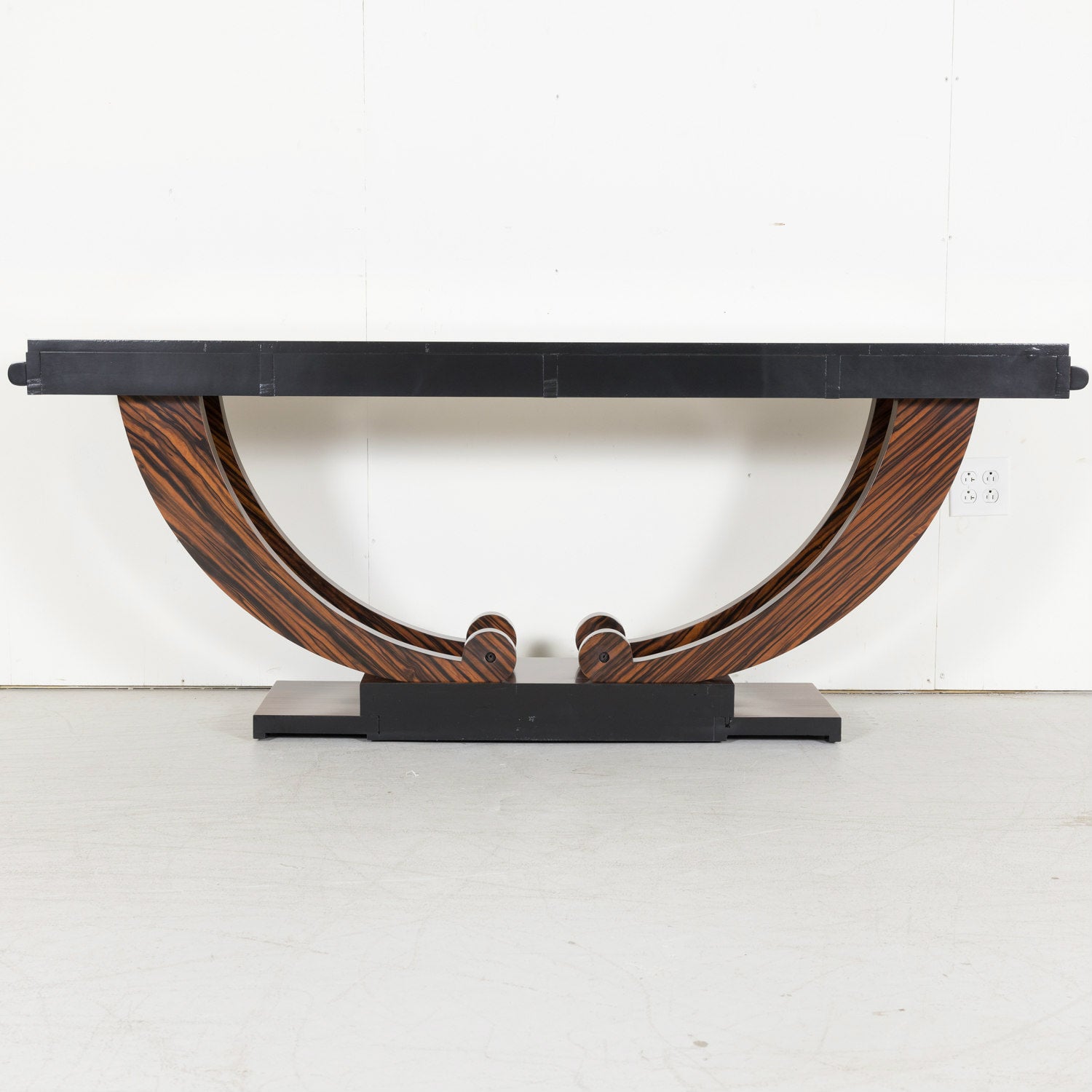 French Art Deco Period Ebony Macassar Veneer Wall Console with Brass Fittings