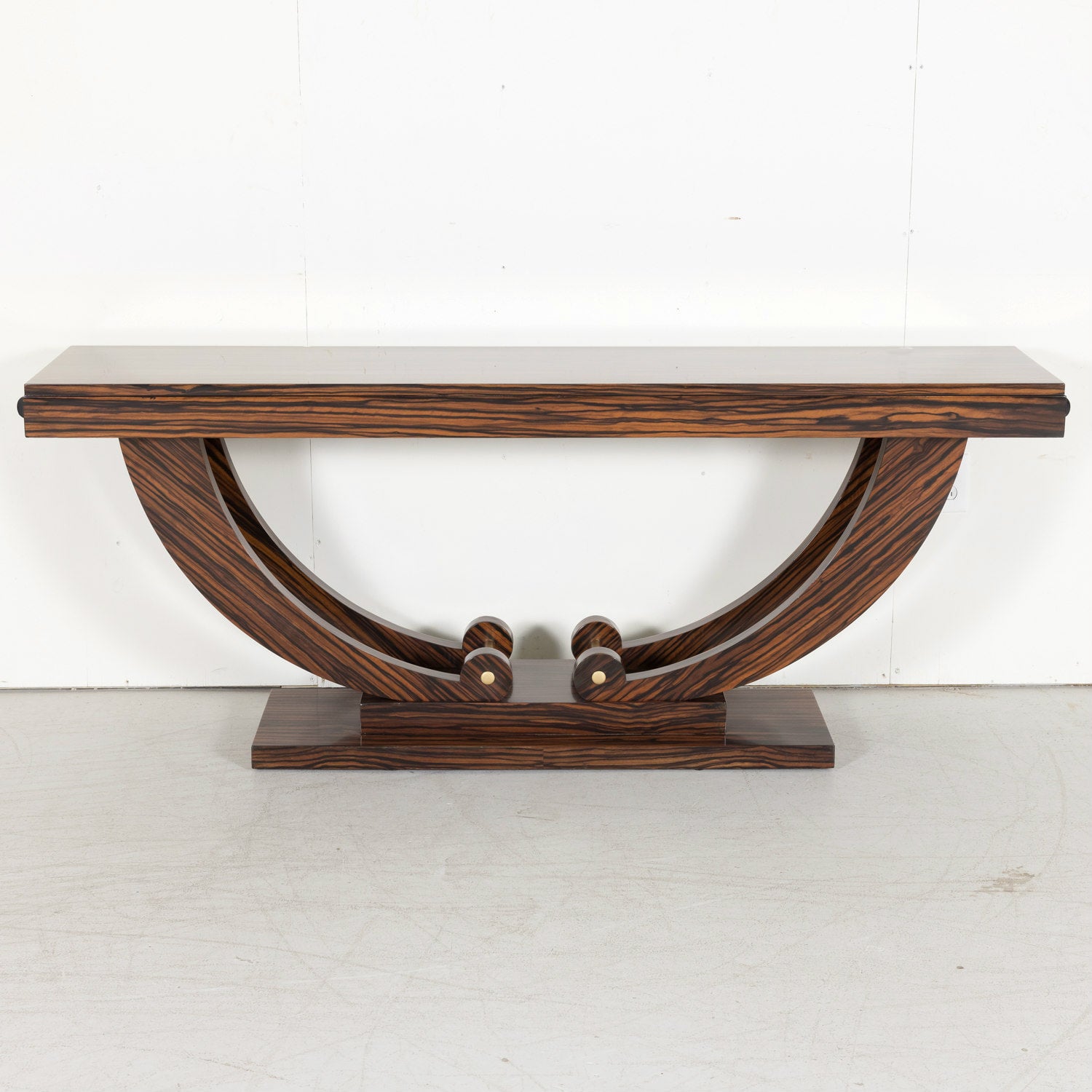French Art Deco Period Ebony Macassar Veneer Wall Console with Brass Fittings