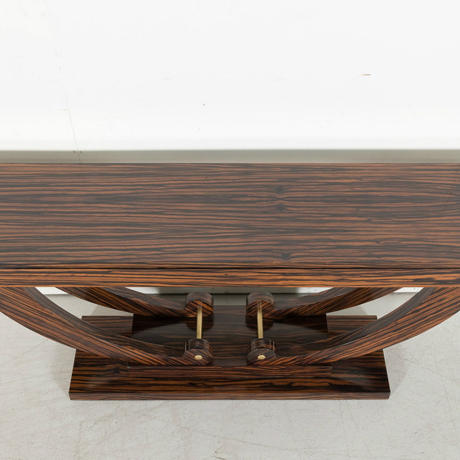 French Art Deco Period Ebony Macassar Veneer Wall Console with Brass Fittings