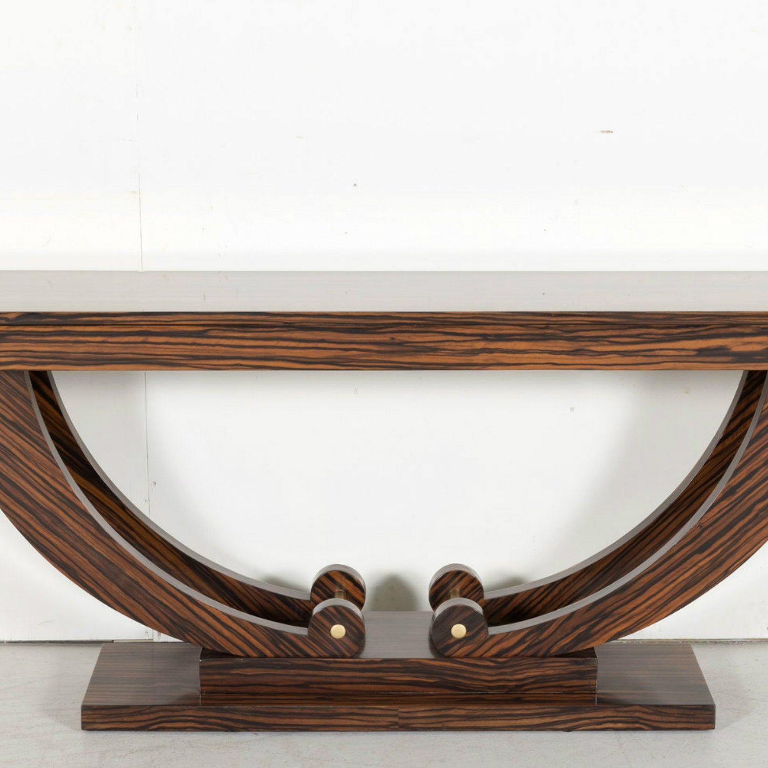 French Art Deco Period Ebony Macassar Veneer Wall Console with Brass Fittings