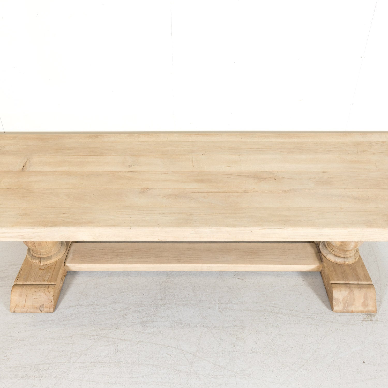 Early 20th Century Bleached Oak French Trestle Dining Table with Baluster Legs