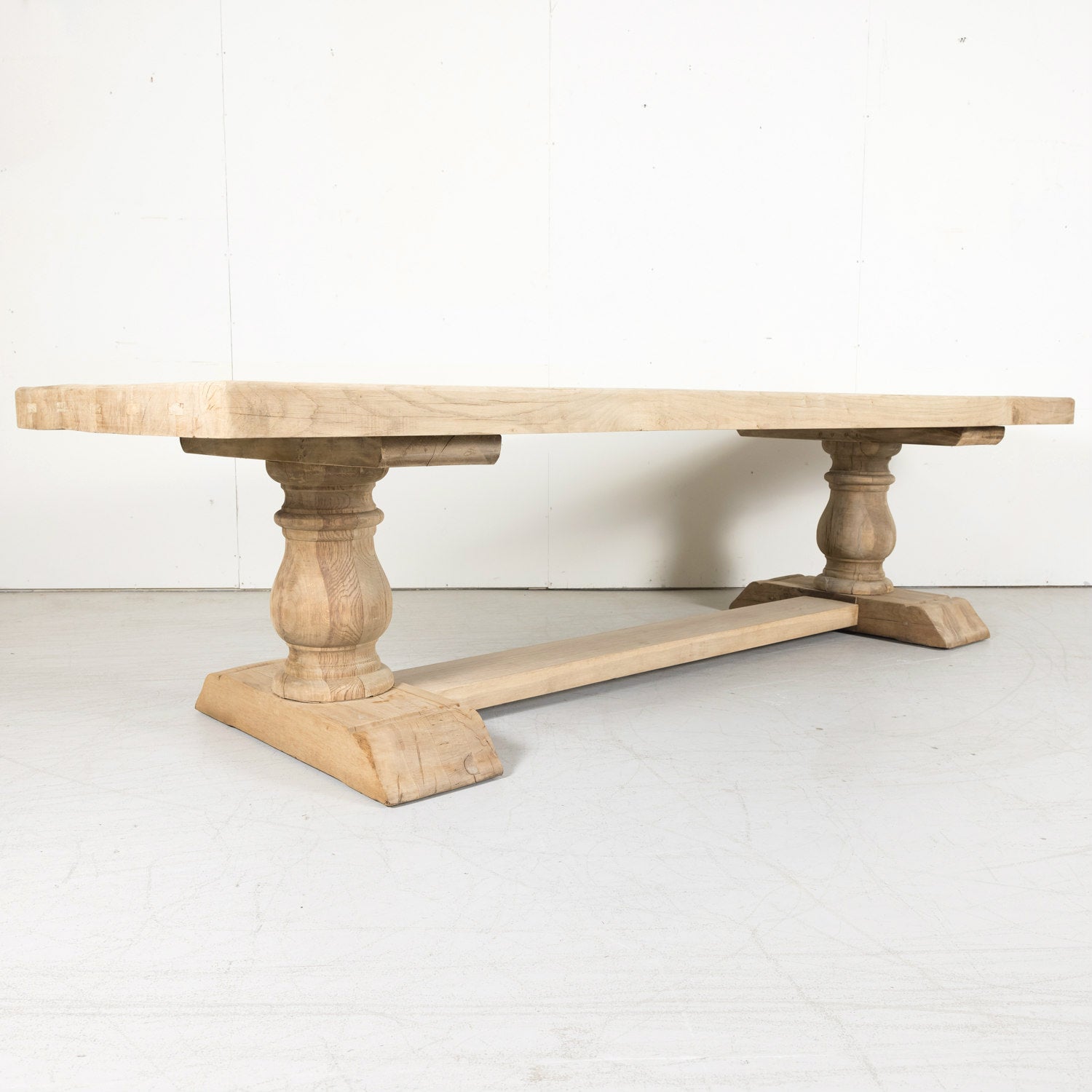 Early 20th Century Bleached Oak French Trestle Dining Table with Baluster Legs