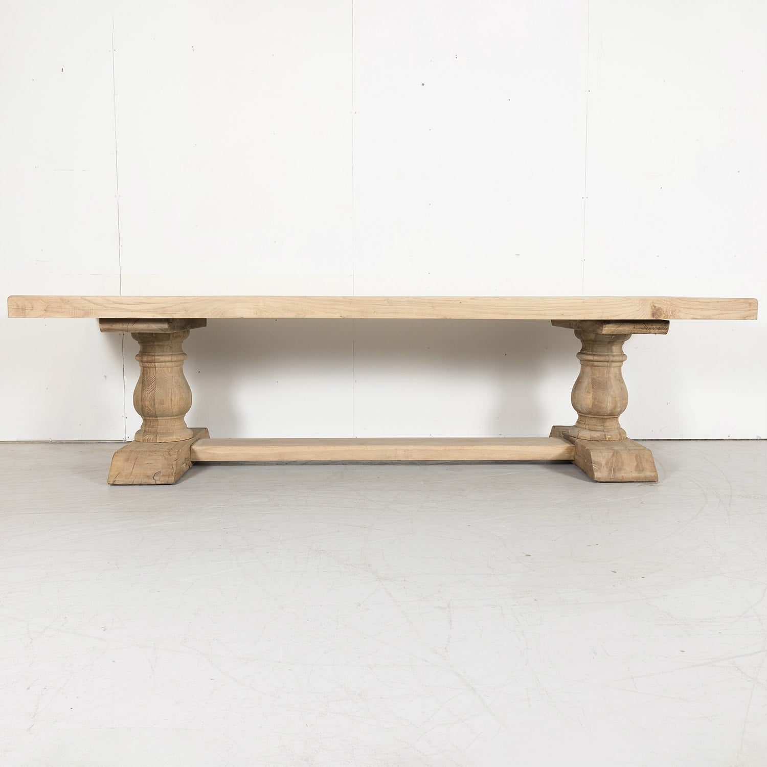 Early 20th Century Bleached Oak French Trestle Dining Table with Baluster Legs