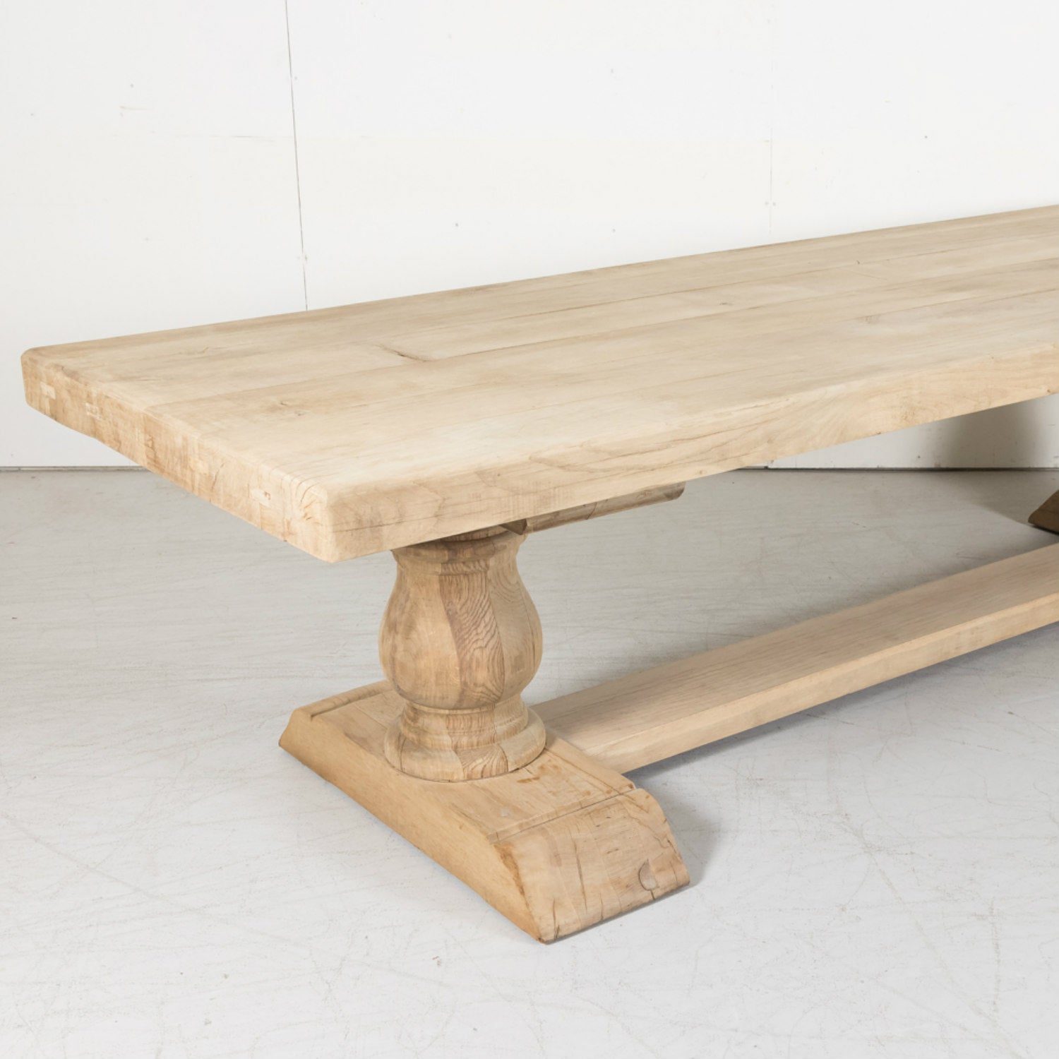 Early 20th Century Bleached Oak French Trestle Dining Table with Baluster Legs