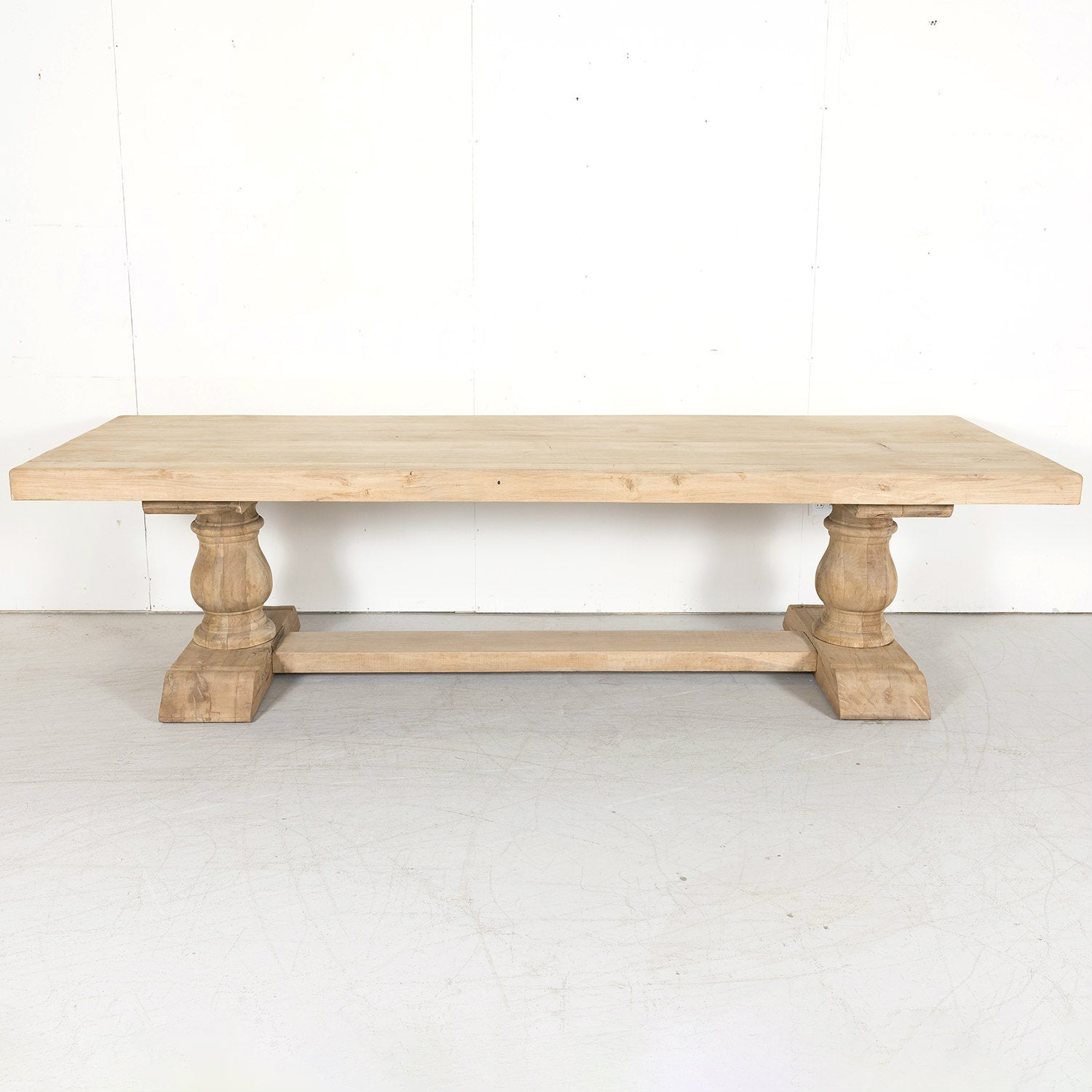 Early 20th Century Bleached Oak French Trestle Dining Table with Baluster Legs