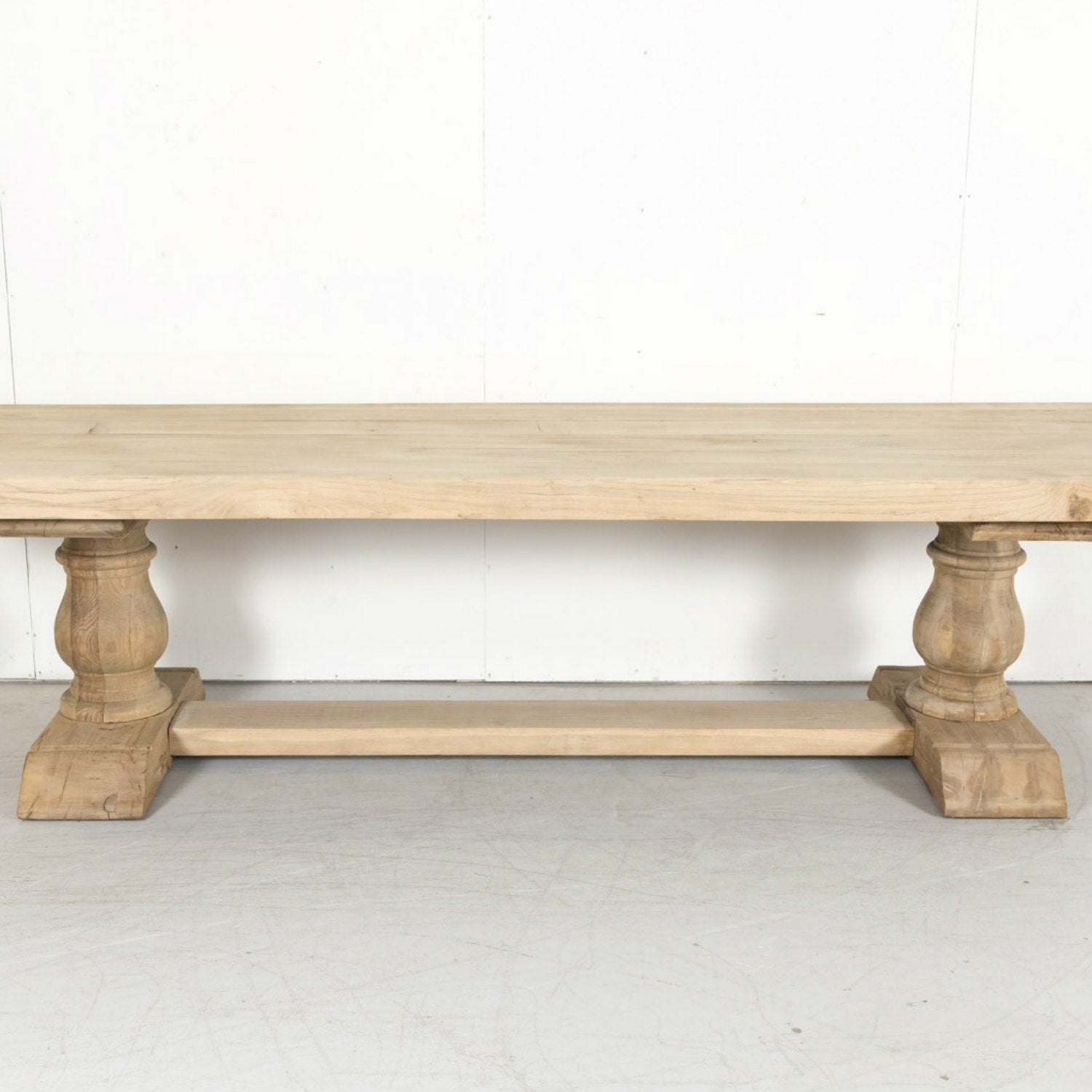 Early 20th Century Bleached Oak French Trestle Dining Table with Baluster Legs