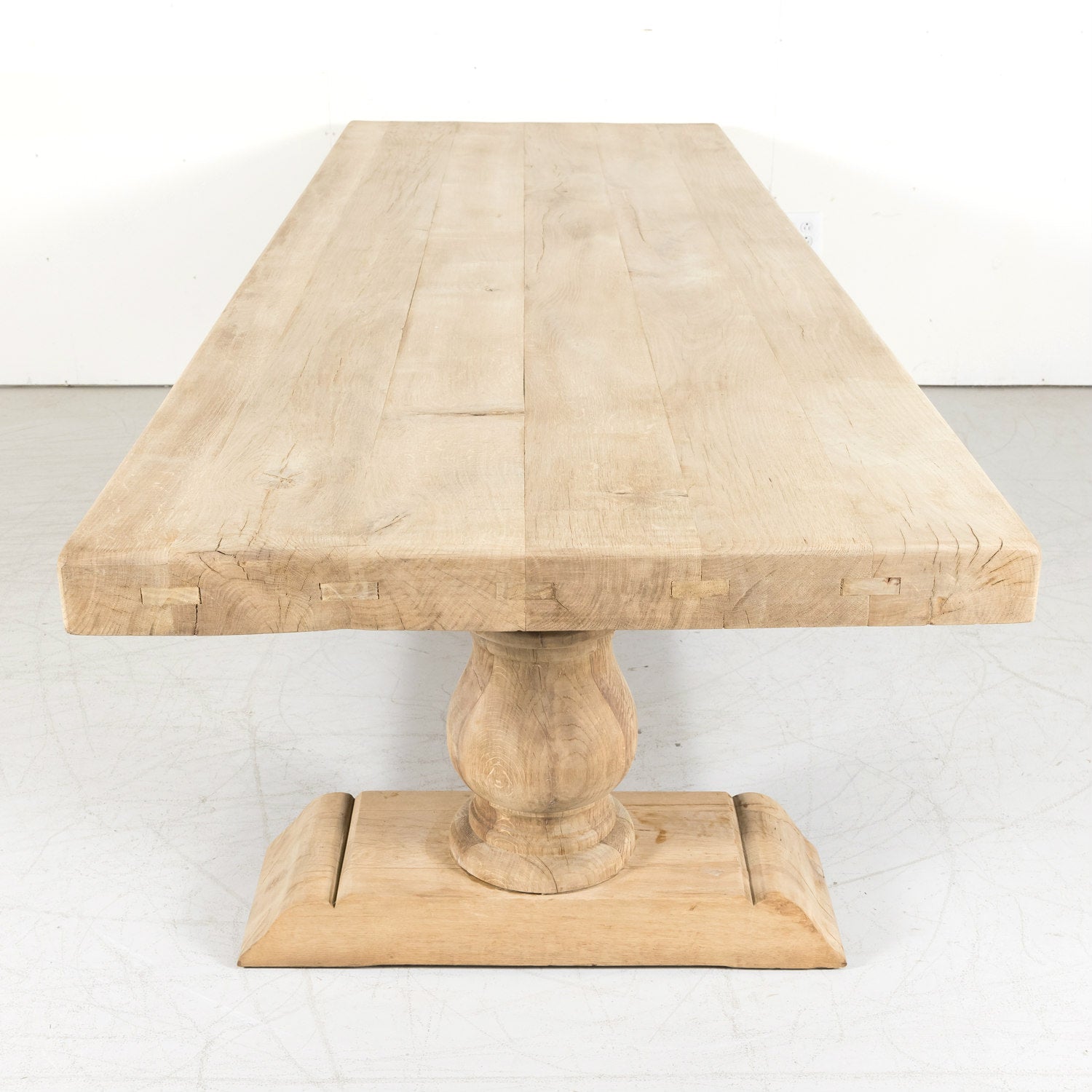 Early 20th Century Bleached Oak French Trestle Dining Table with Baluster Legs