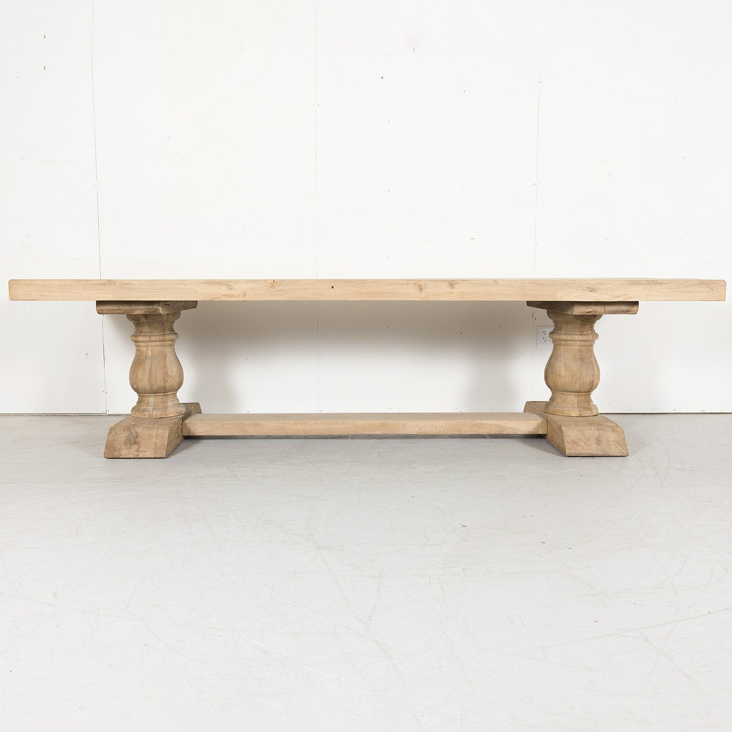 Early 20th Century Bleached Oak French Trestle Dining Table with Baluster Legs
