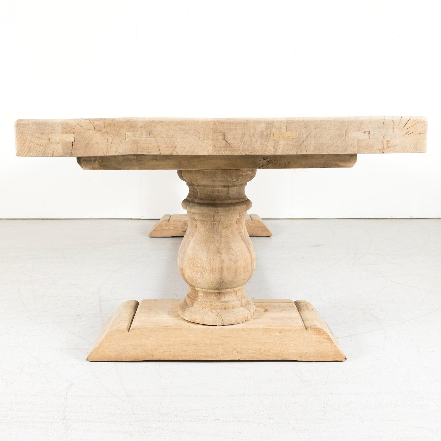 Early 20th Century Bleached Oak French Trestle Dining Table with Baluster Legs