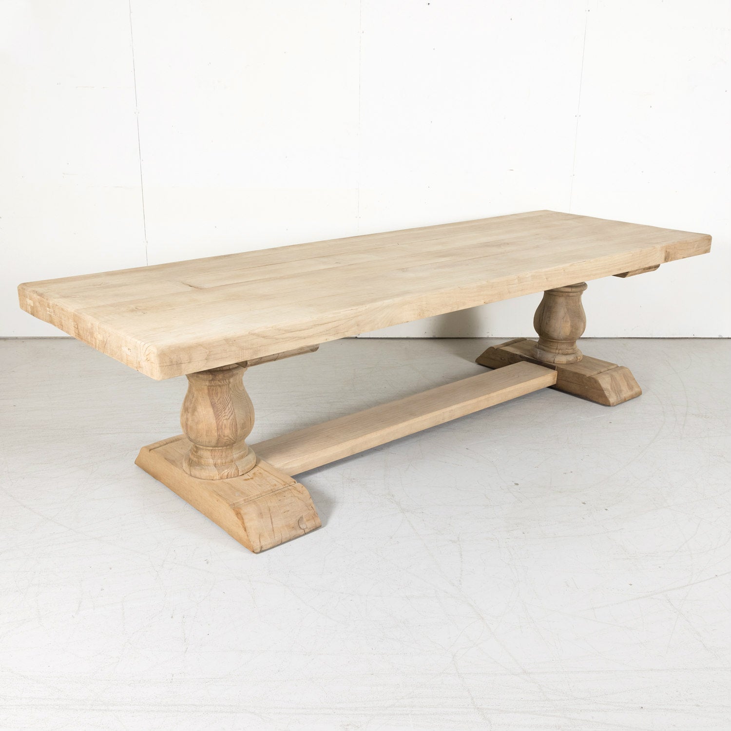 Early 20th Century Bleached Oak French Trestle Dining Table with Baluster Legs