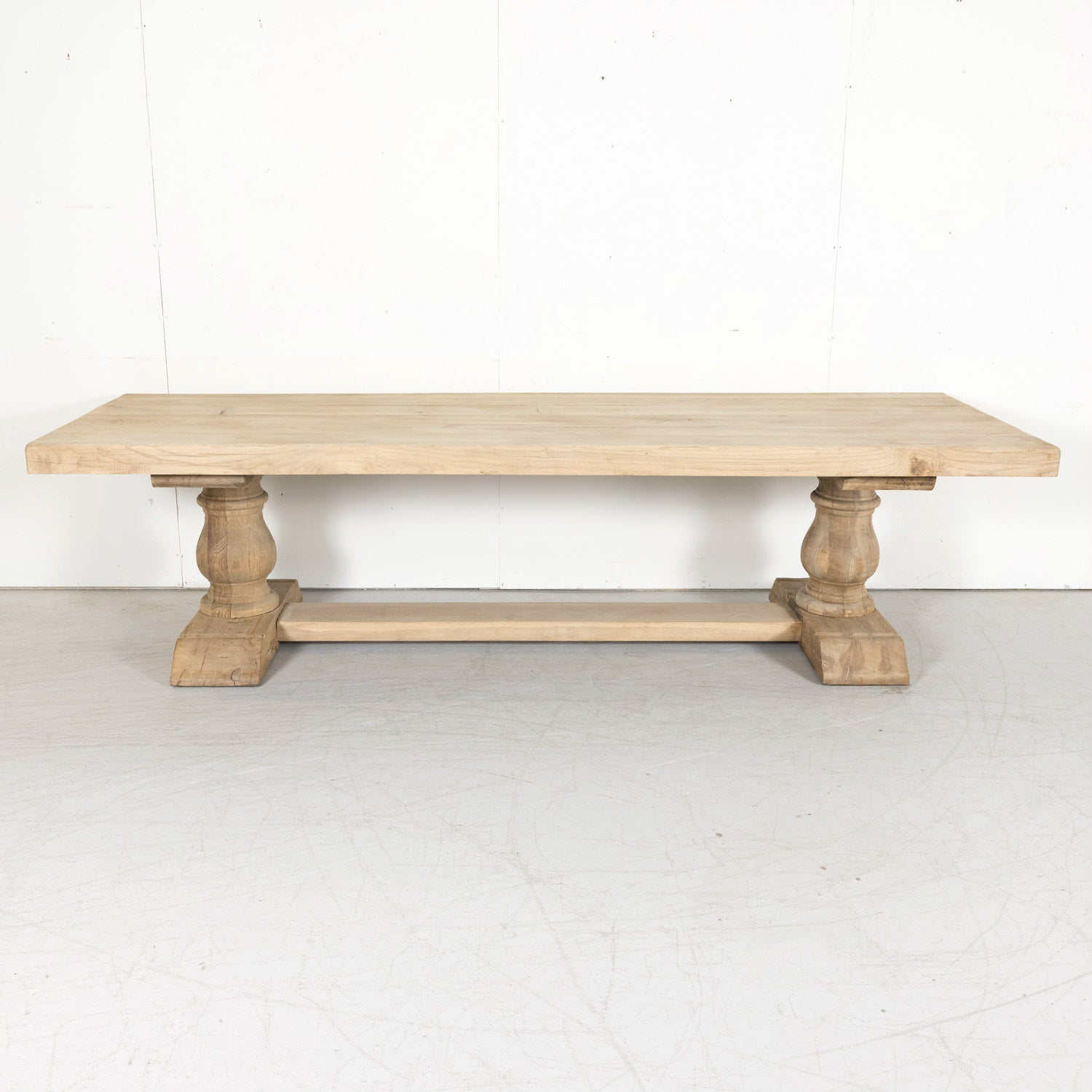 Early 20th Century Bleached Oak French Trestle Dining Table with Baluster Legs