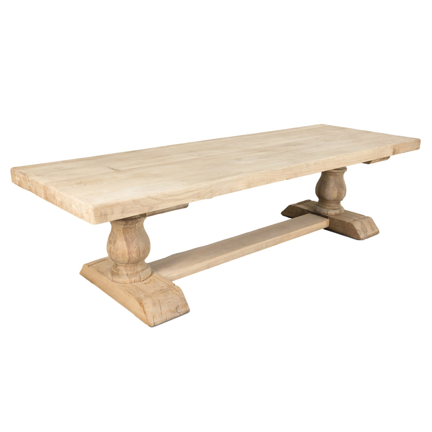 Early 20th Century Bleached Oak French Trestle Dining Table with Baluster Legs