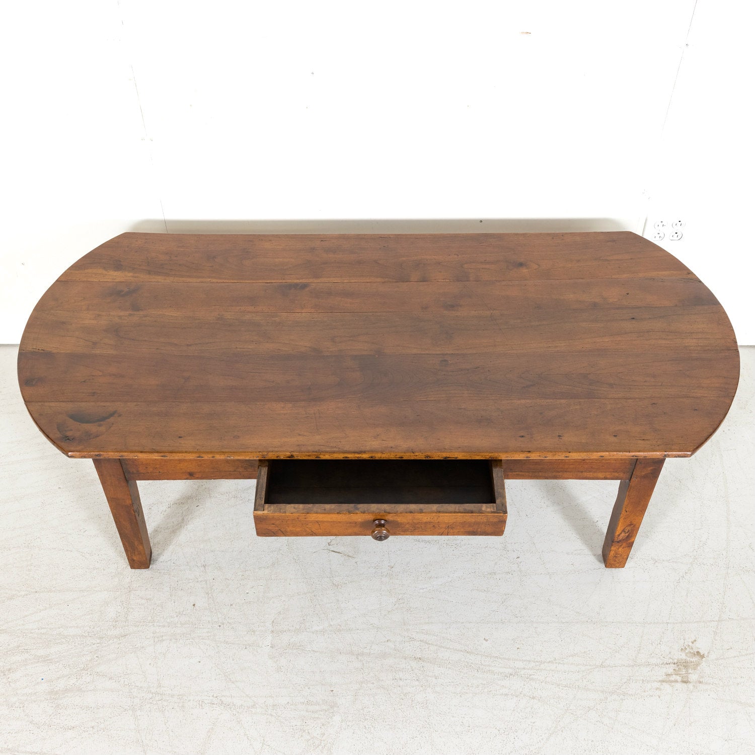 19th Century Country French Solid Cherry Oval Coffee Table with Drawer