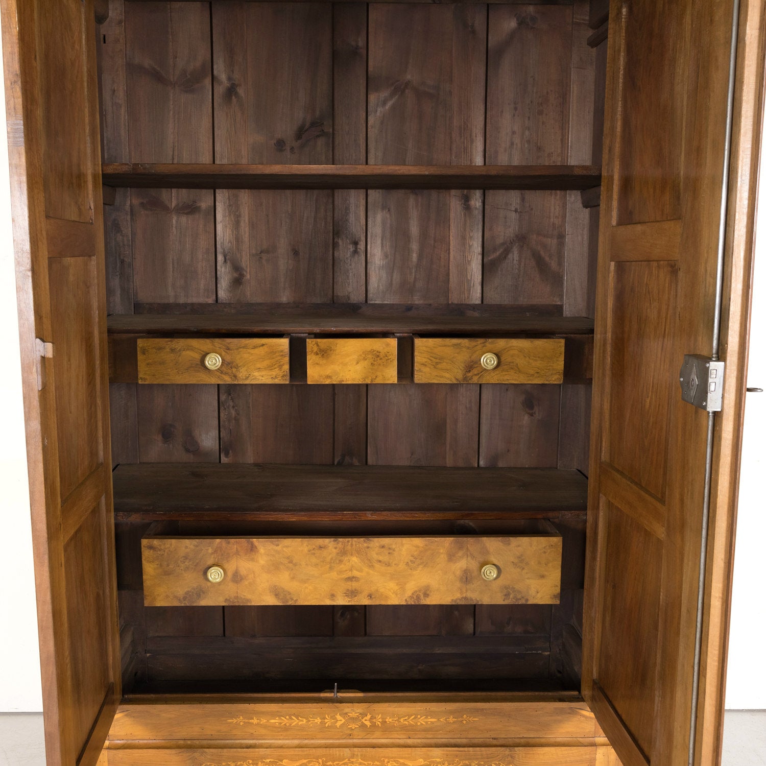 19th Century French Restauration Period Solid Walnut Lyonnaise Armoire with Fruitwood Marquetry