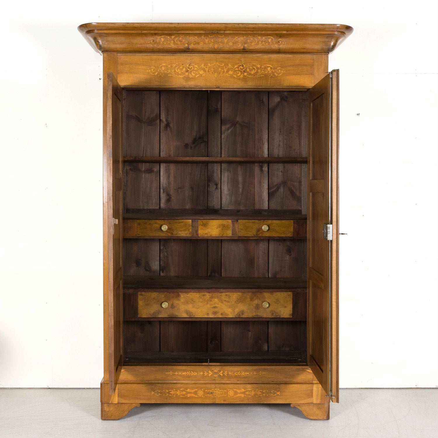 19th Century French Restauration Period Solid Walnut Lyonnaise Armoire with Fruitwood Marquetry