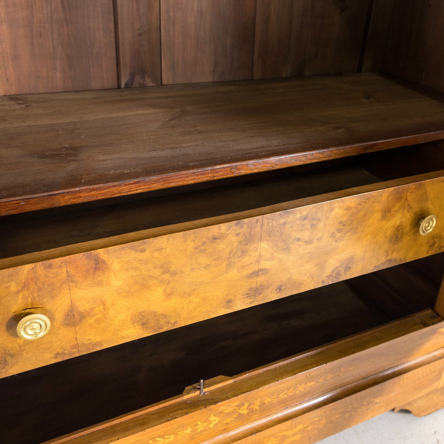 19th Century French Restauration Period Solid Walnut Lyonnaise Armoire with Fruitwood Marquetry