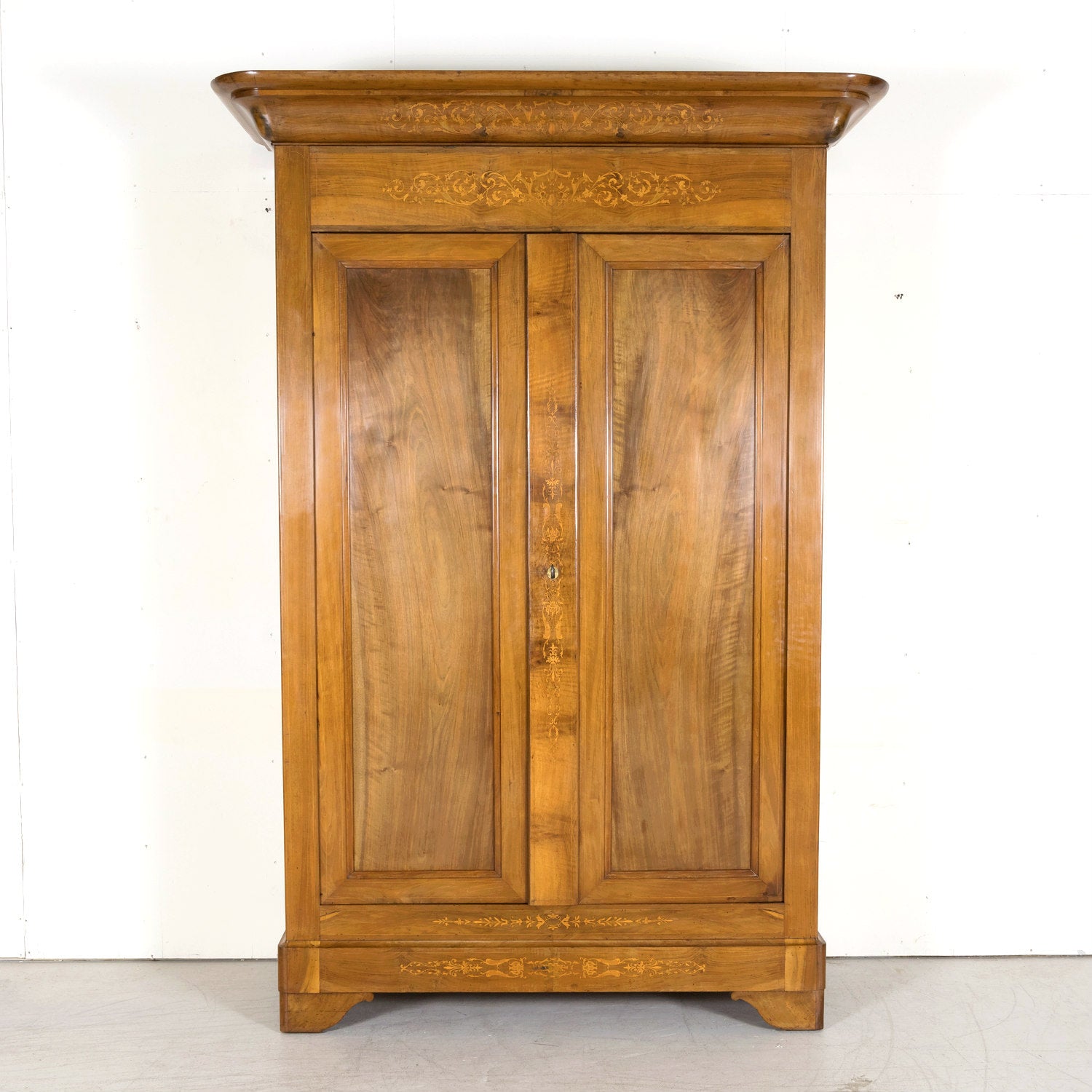 19th Century French Restauration Period Solid Walnut Lyonnaise Armoire with Fruitwood Marquetry