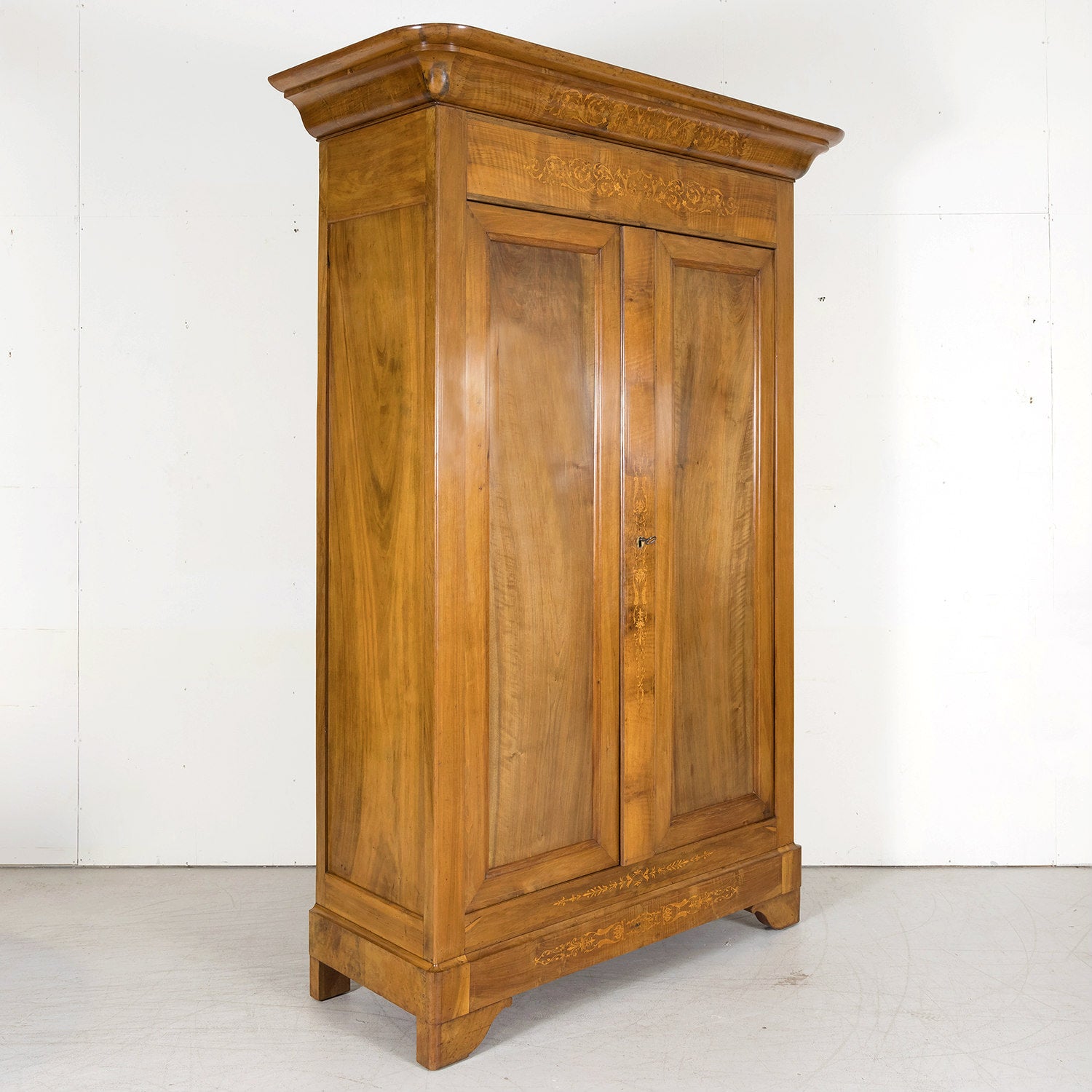 19th Century French Restauration Period Solid Walnut Lyonnaise Armoire with Fruitwood Marquetry