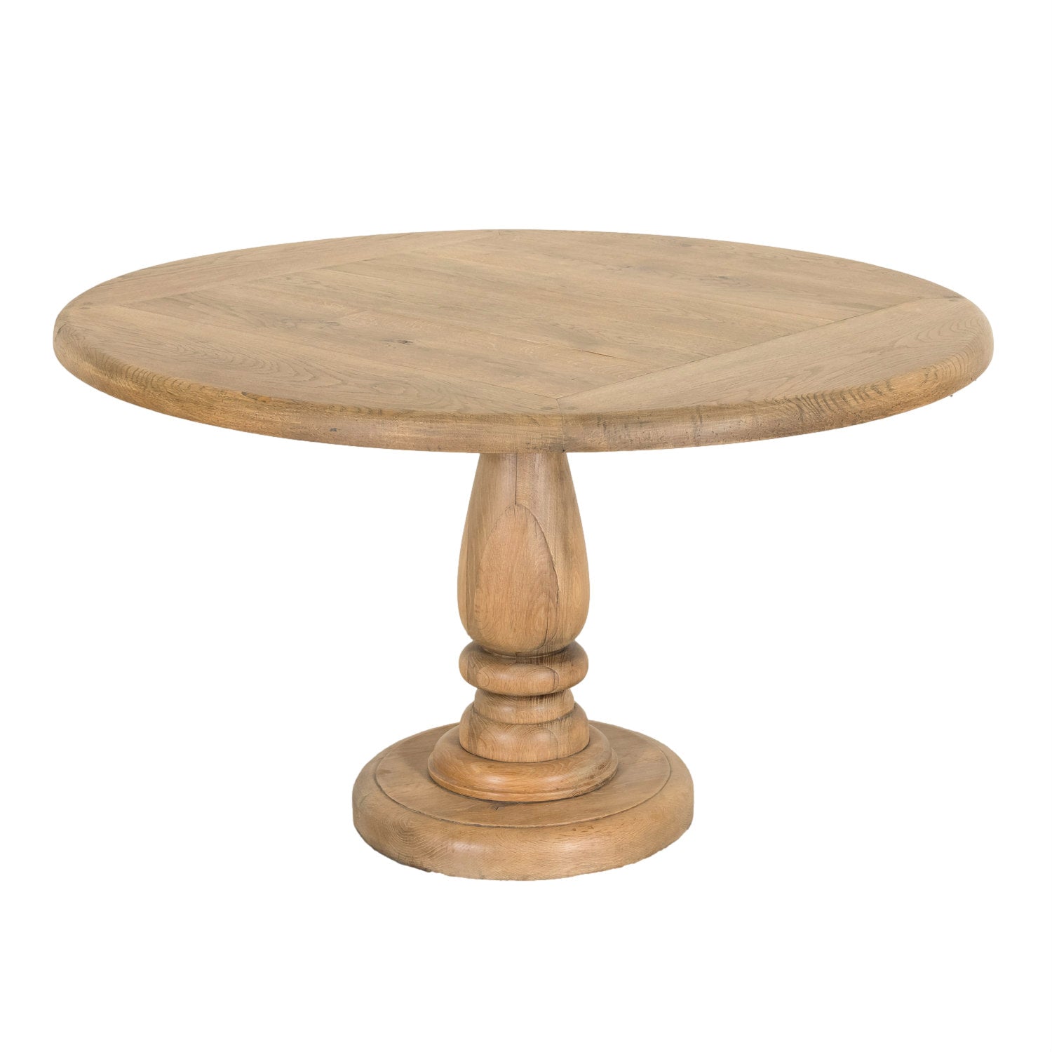 Antique French Carved Bleached Oak Round Pedestal Dining or Farm Table