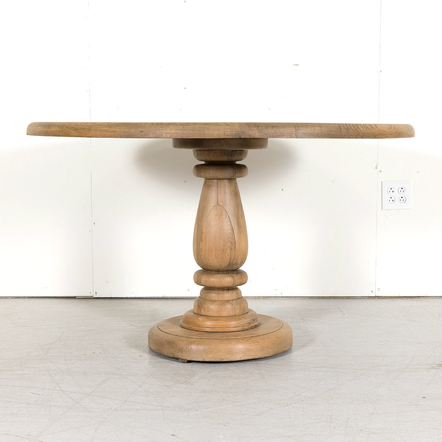 Antique French Carved Bleached Oak Round Pedestal Dining or Farm Table