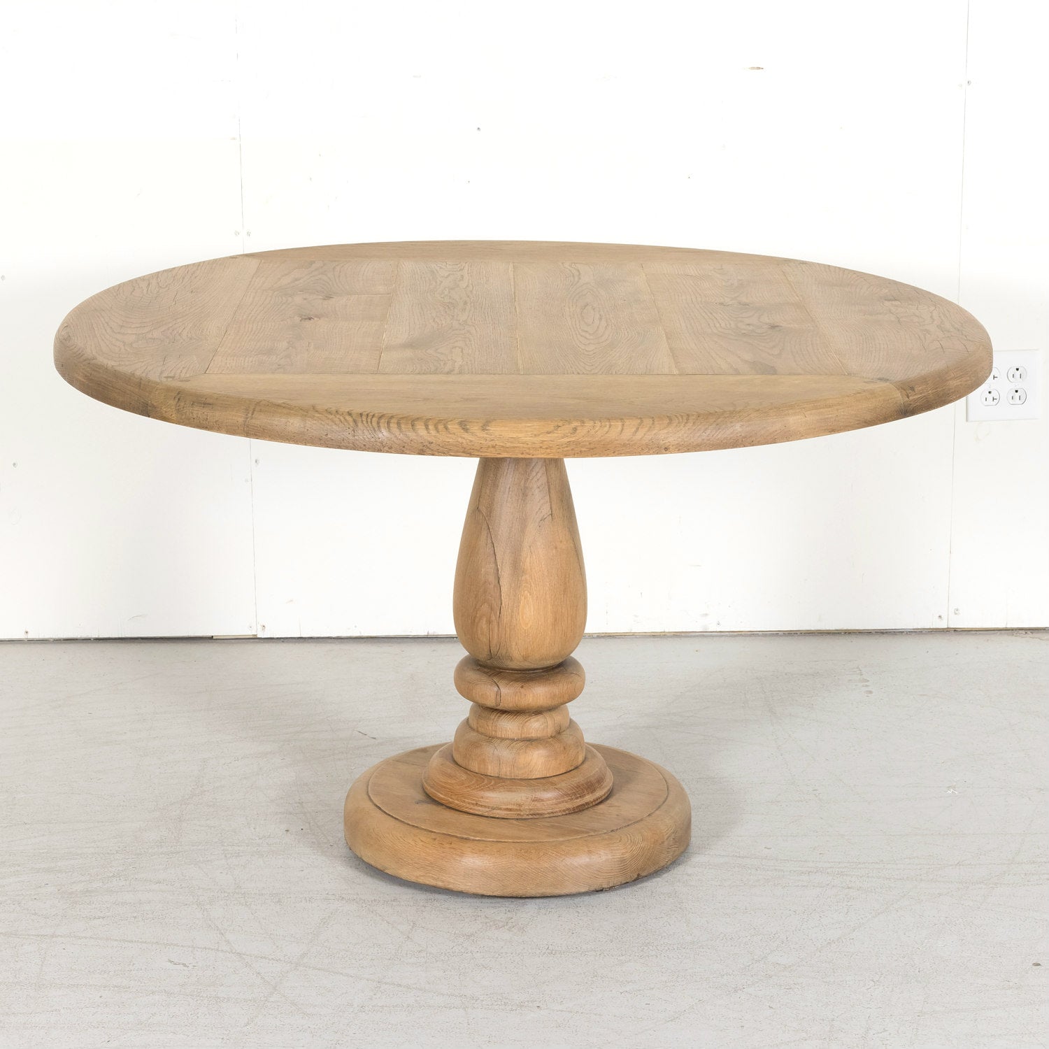 Antique French Carved Bleached Oak Round Pedestal Dining or Farm Table