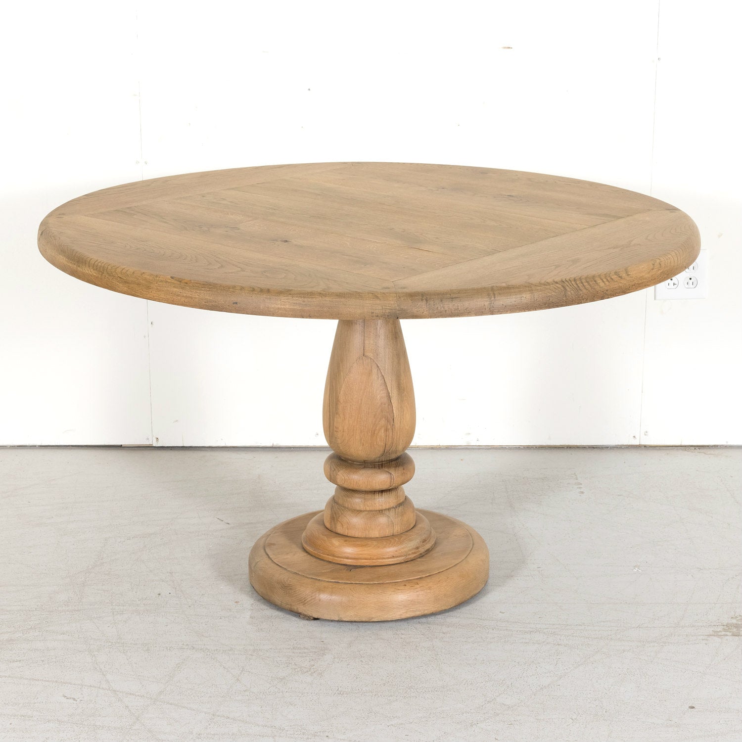 Antique French Carved Bleached Oak Round Pedestal Dining or Farm Table