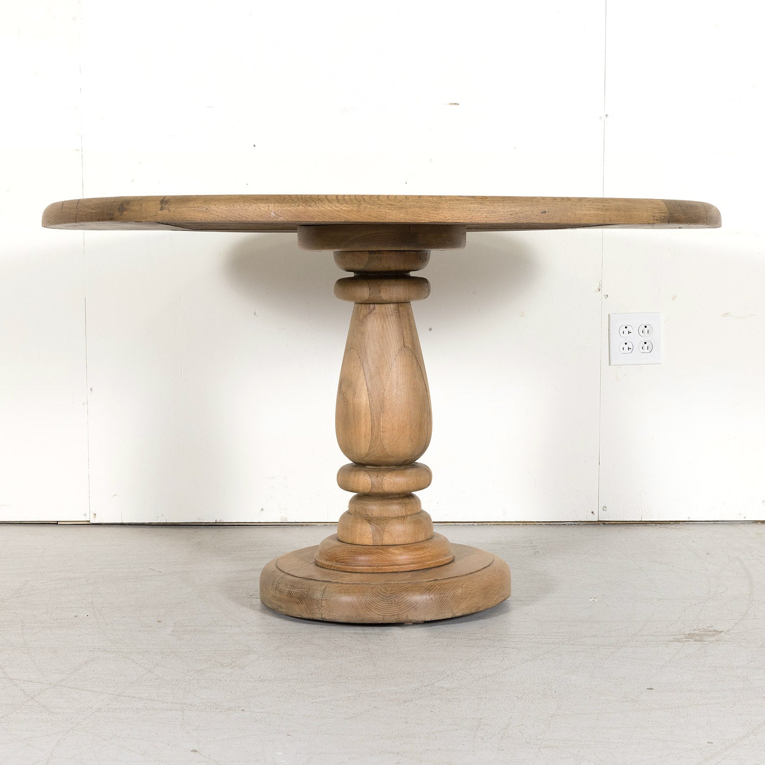 Antique French Carved Bleached Oak Round Pedestal Dining or Farm Table