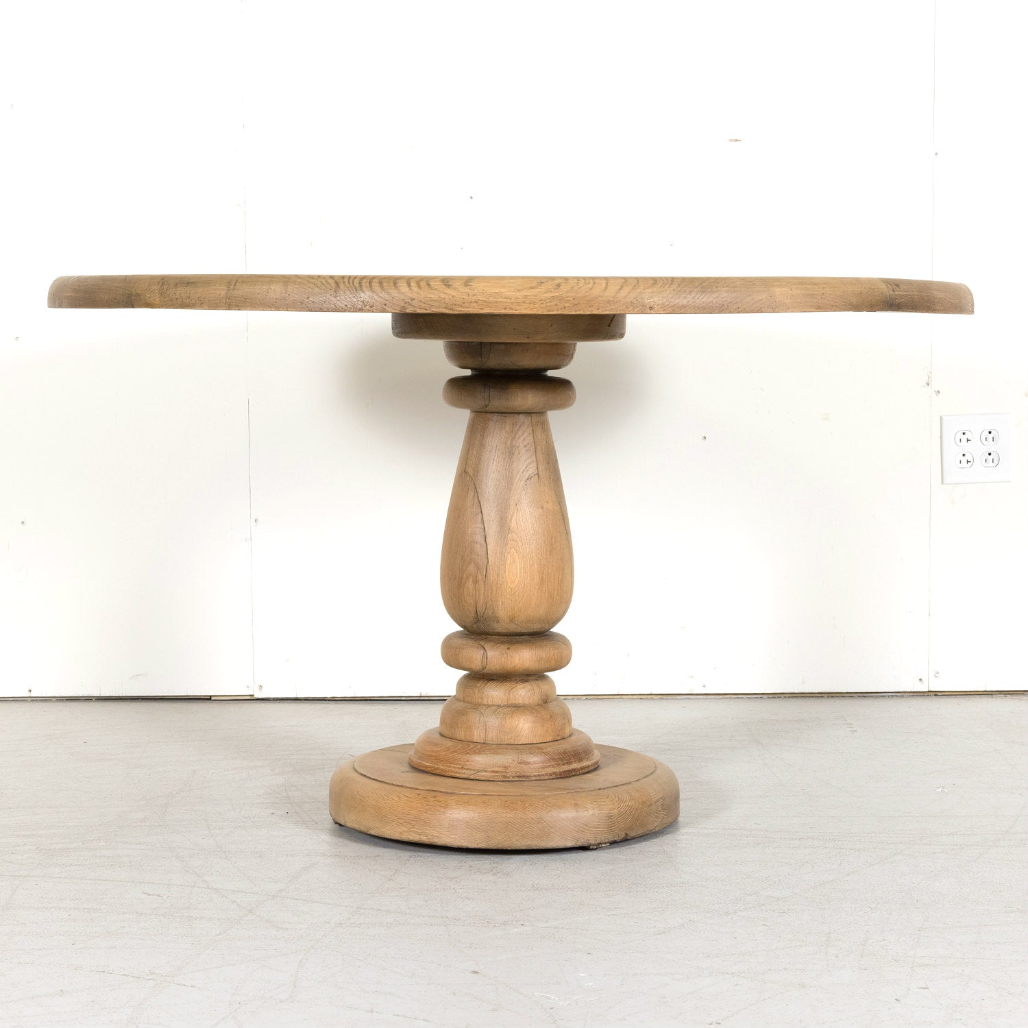 Antique French Carved Bleached Oak Round Pedestal Dining or Farm Table