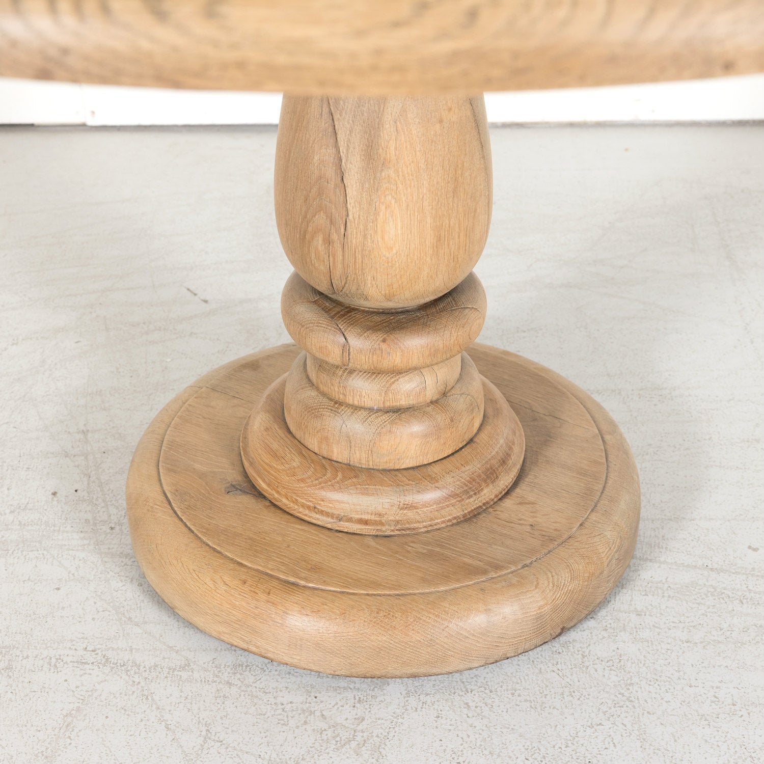 Antique French Carved Bleached Oak Round Pedestal Dining or Farm Table